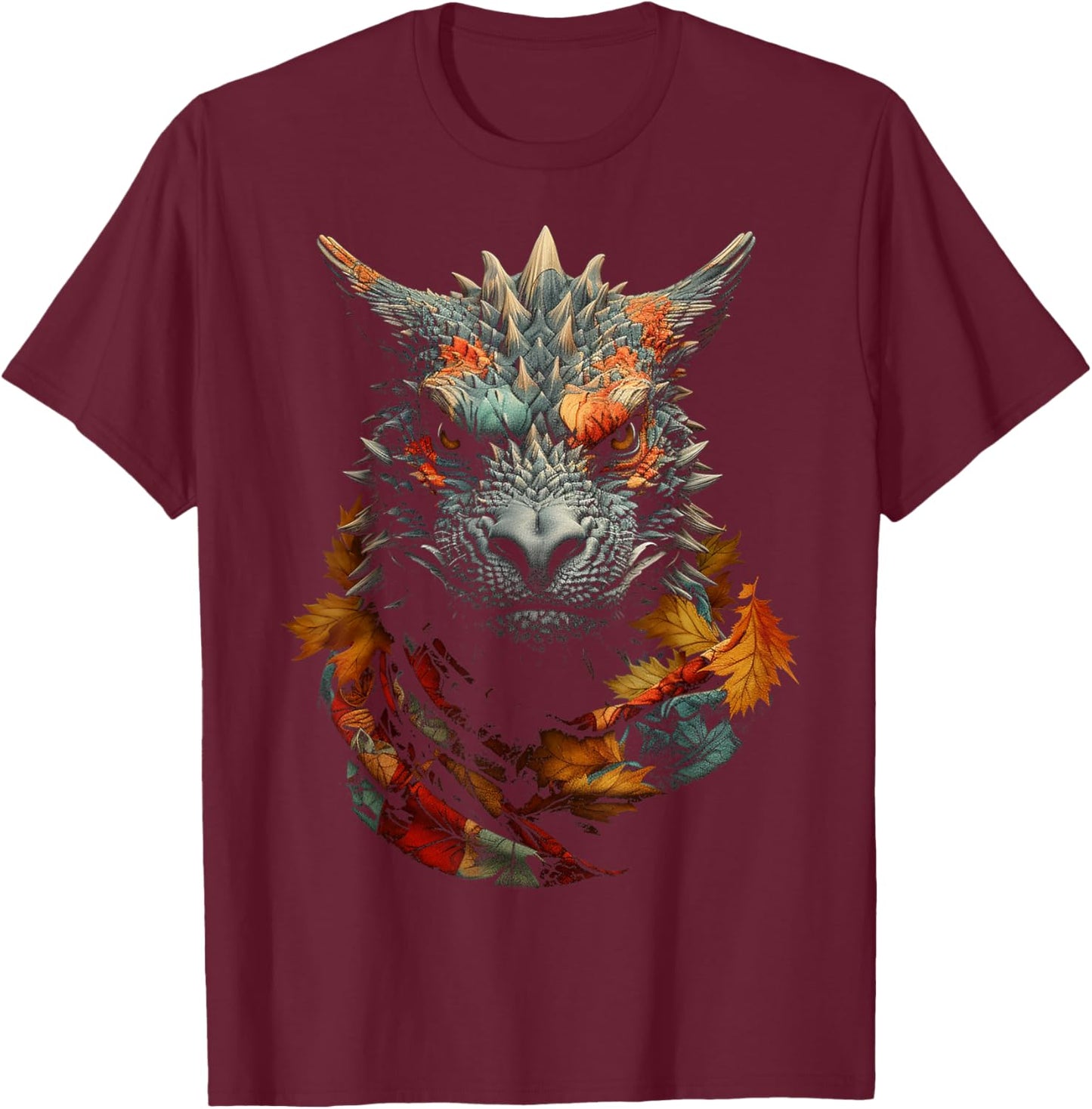 Dragon Autumn Leaves Animal Portrait Art Graphic Dragon T-Shirt - T-Shirt | Maroon