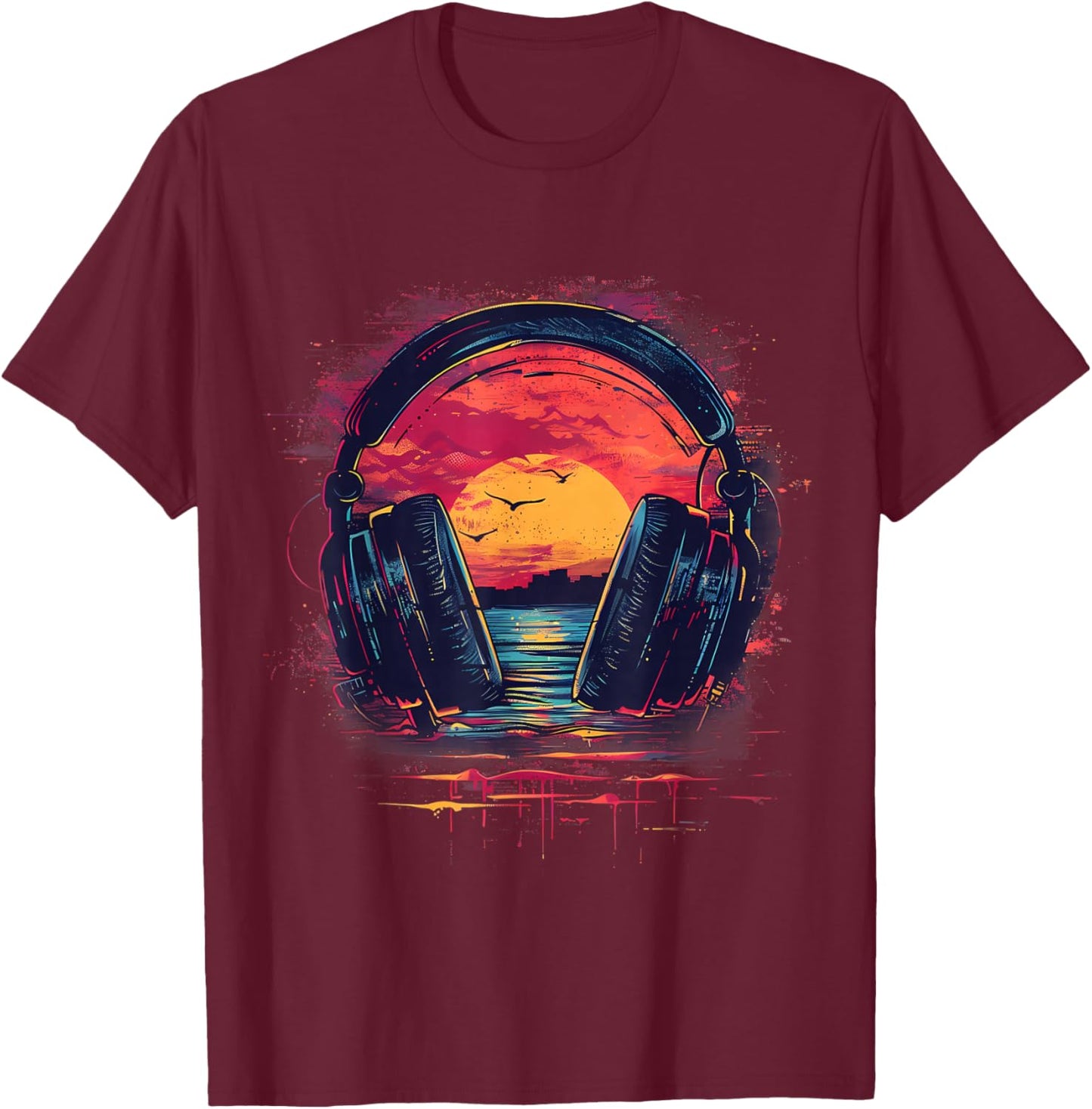 Headphones Music DJ Beatmaker House Music Sunset Artwork T-Shirt - T-Shirt | Maroon