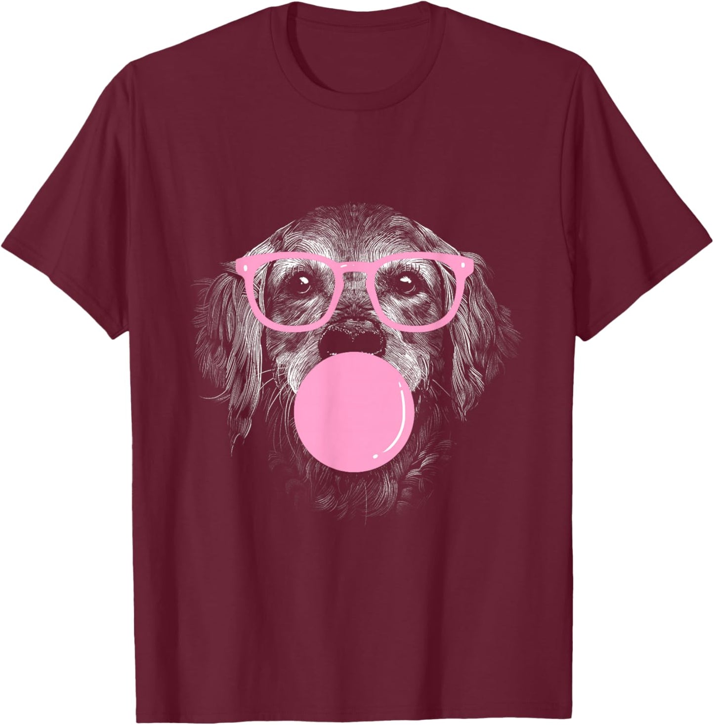 Dog Drawing - Realistic Dog with Glasses and Chewing Gum T-Shirt - T-Shirt | Maroon