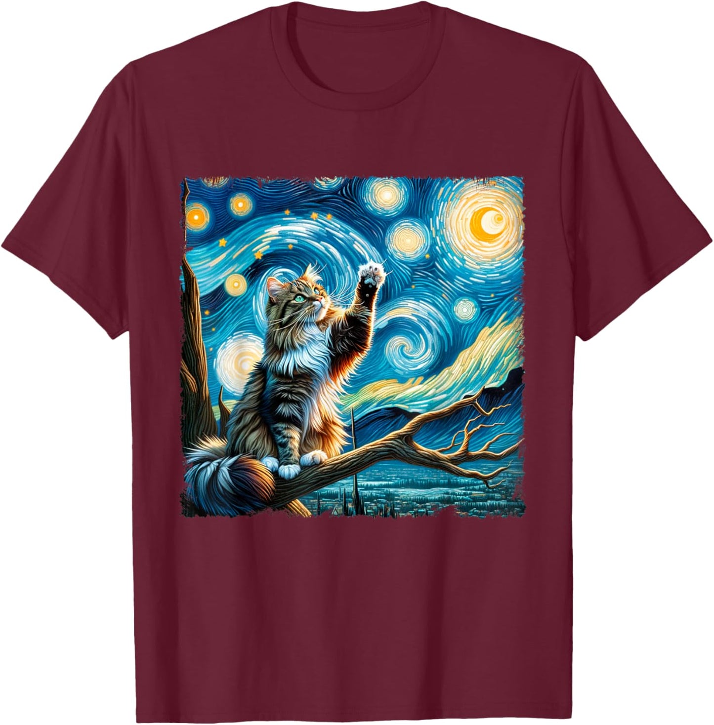 Vintage Cute Animals Cat Starry Night Kawai Norwegian Forest Men Women Kids T-Shirt - T-Shirt | Maroon