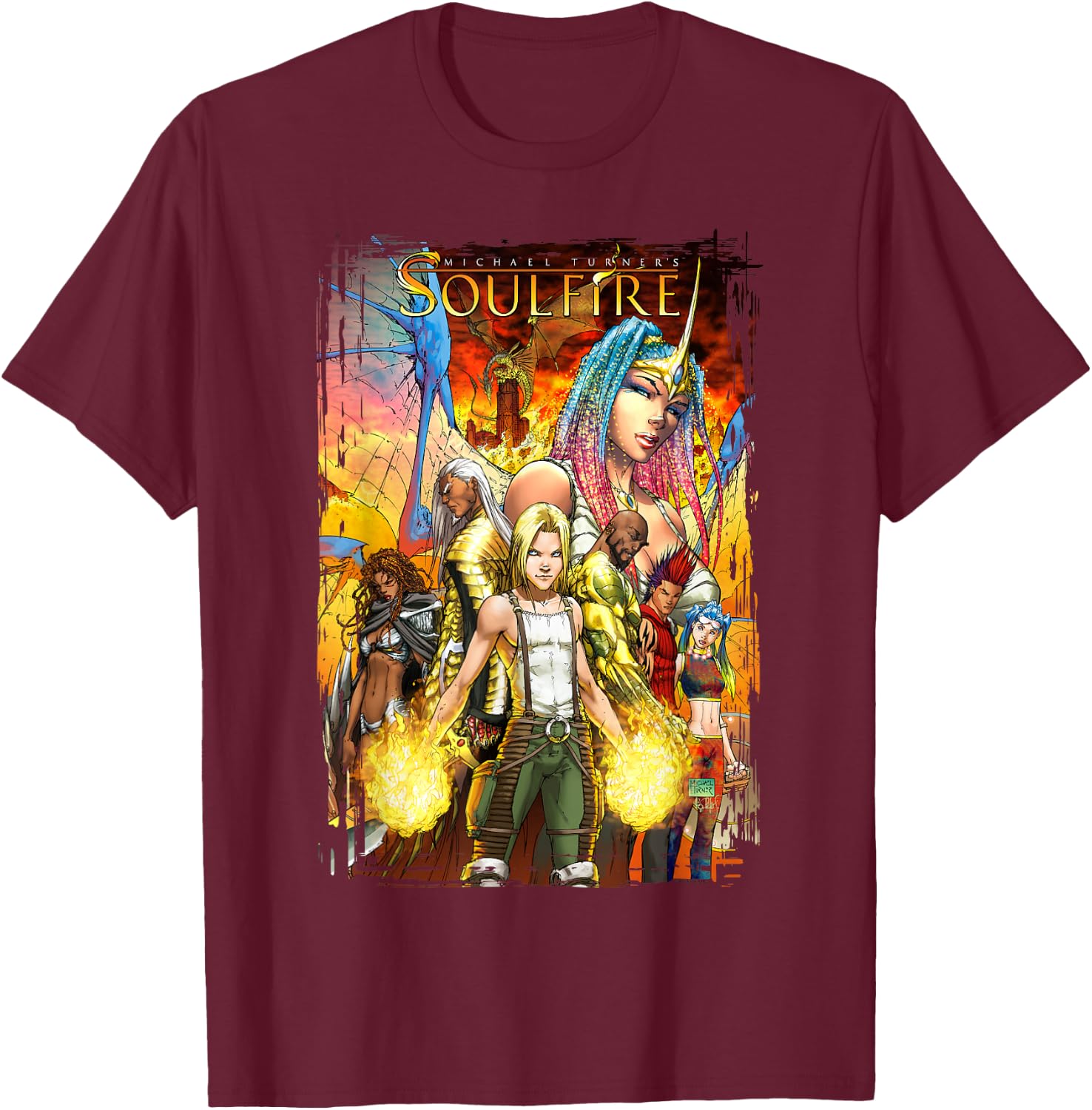 Michael Turner's Soulfire Characters Poster T-Shirt - T-Shirt | Maroon
