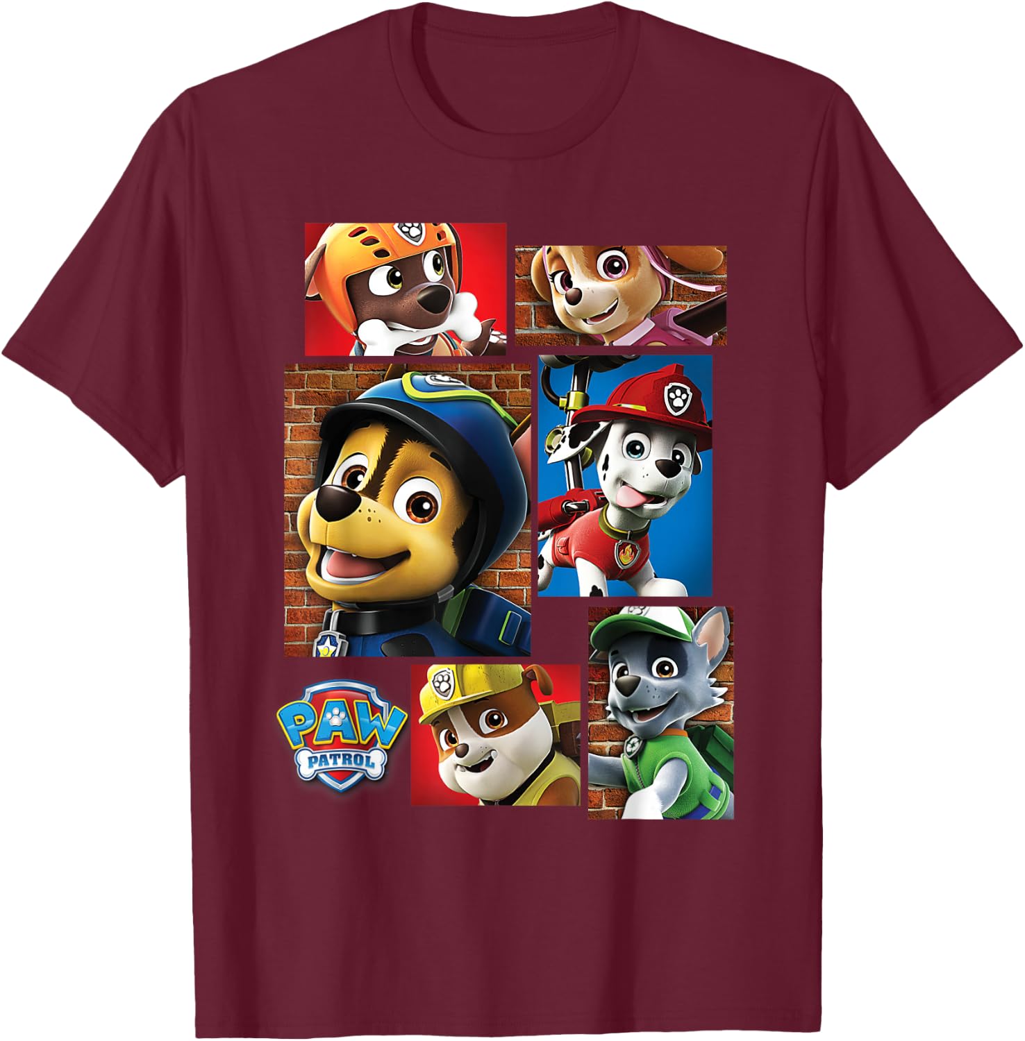 Paw Patrol Rescue Dogs In Squares T-Shirt - T-Shirt | Maroon