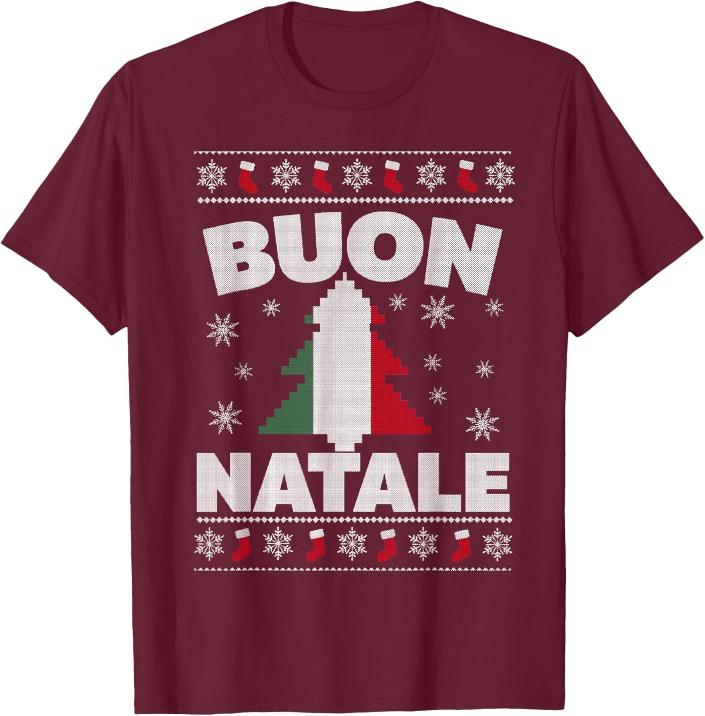 Buon Natale Merry Christmas Tree Italian Ugly Xmas Sweater T-Shirt - T-Shirt | Maroon