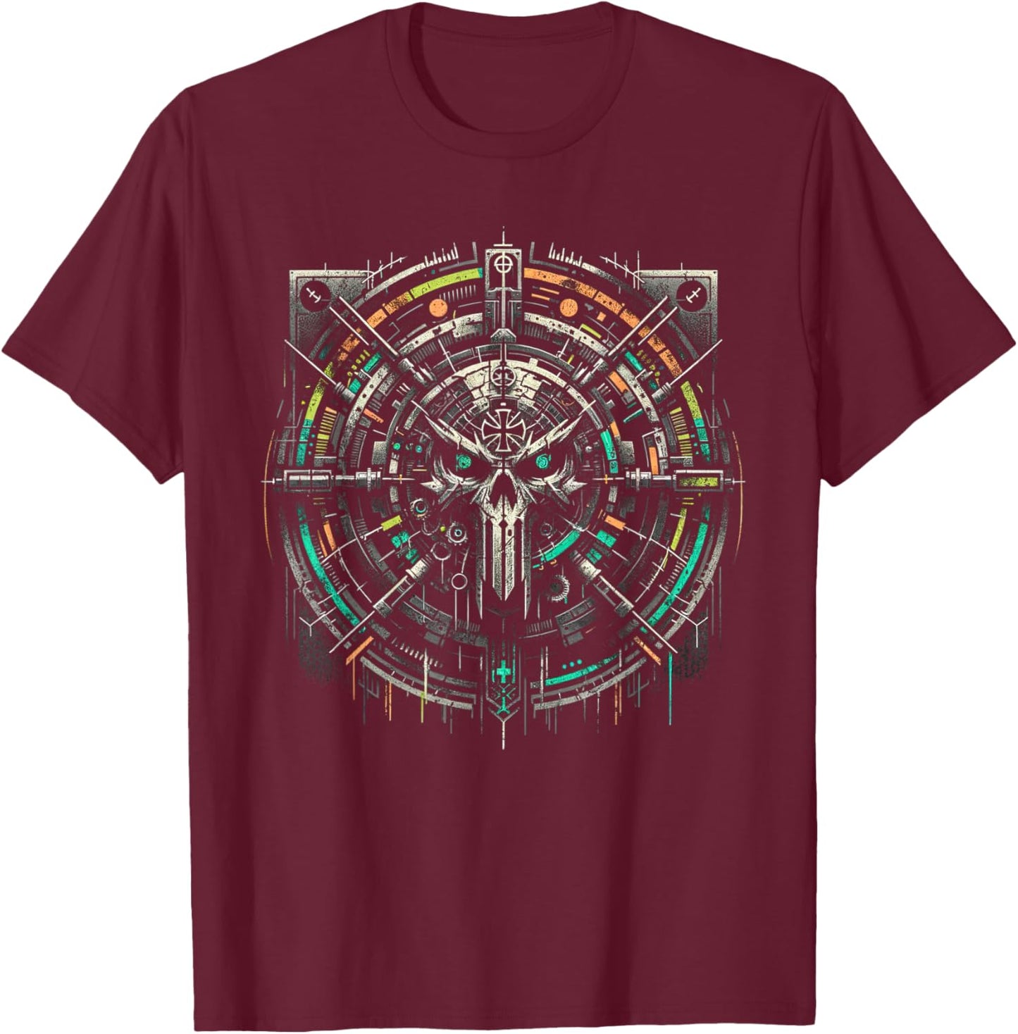 Cyber Grunge Mechanical Vault Cyberpunk Skull Music Graphic T-Shirt - T-Shirt | Maroon