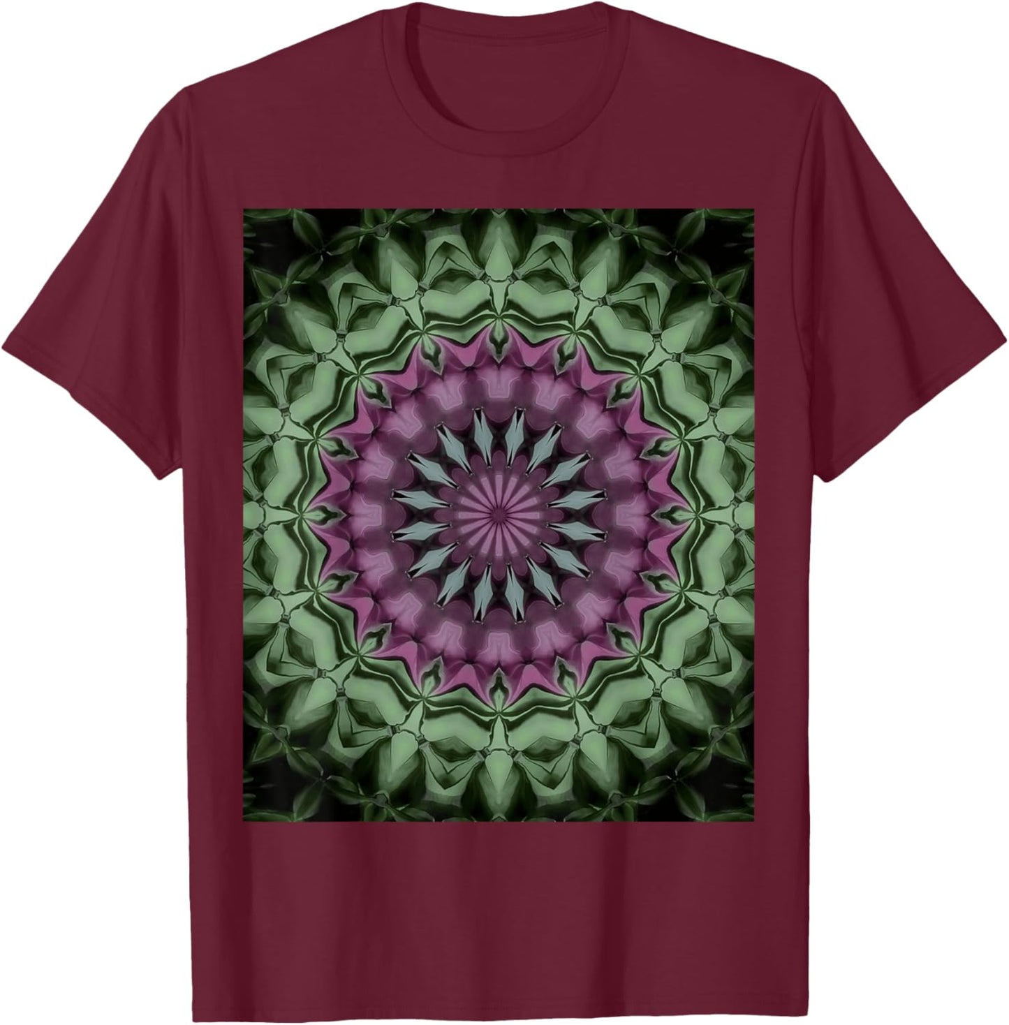 Fantasy Floral Mandala Rose Pink, Pale Green T-Shirt - T-Shirt | Maroon