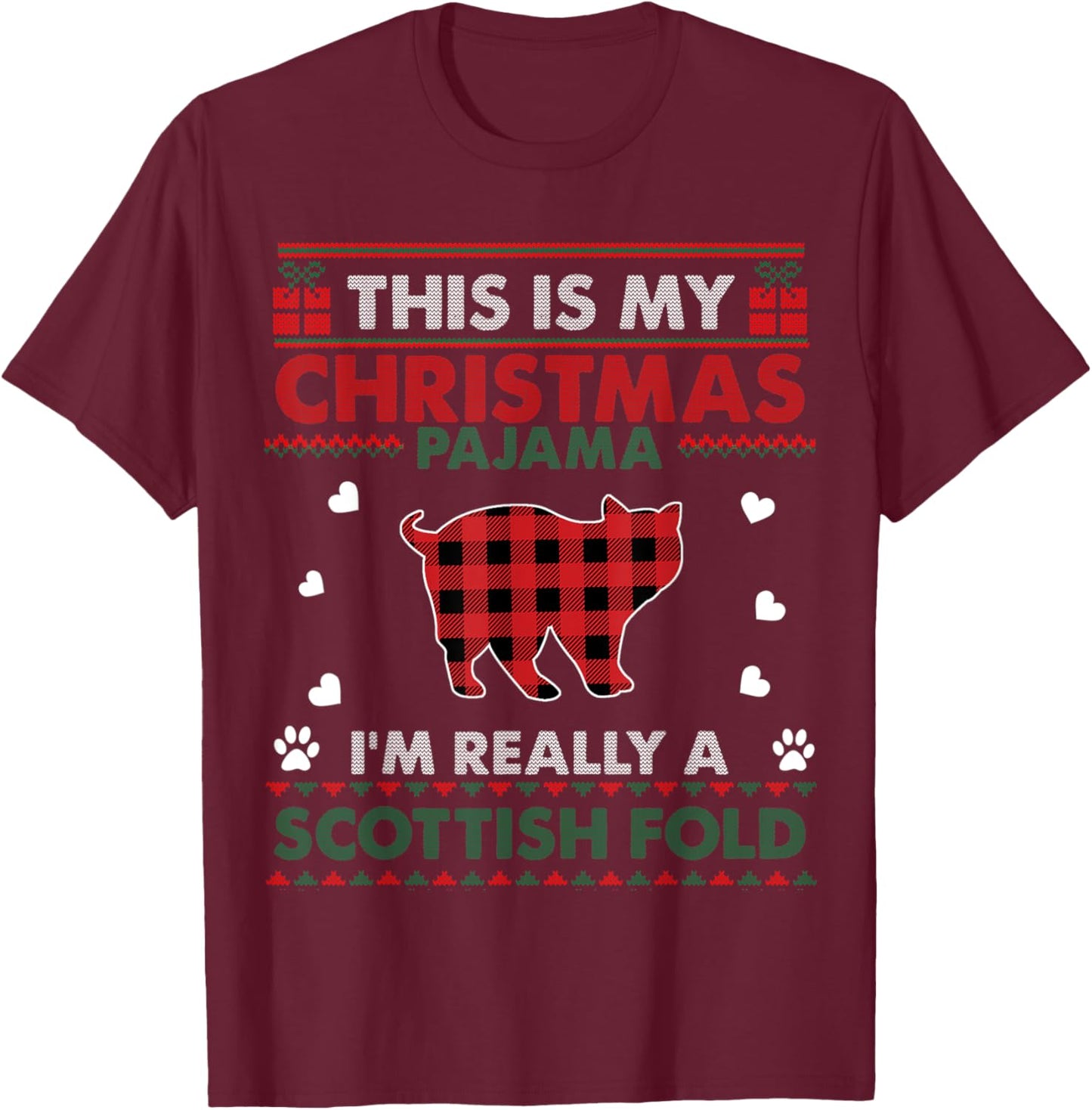 Scottish Fold Cat Lover Xmas Gifts Ugly Christmas Sweater Men Women Kids T-Shirt - T-Shirt | Maroon