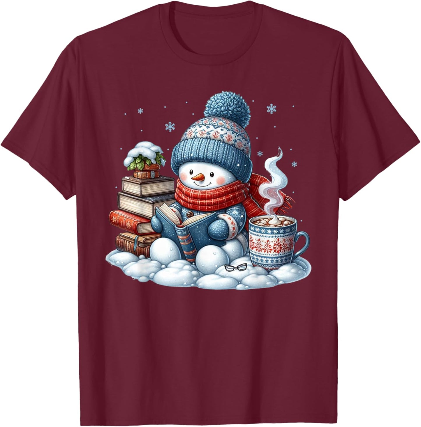 Snowman Reading Books Lovers Librarian Bookworm Christmas T-Shirt - T-Shirt | Maroon
