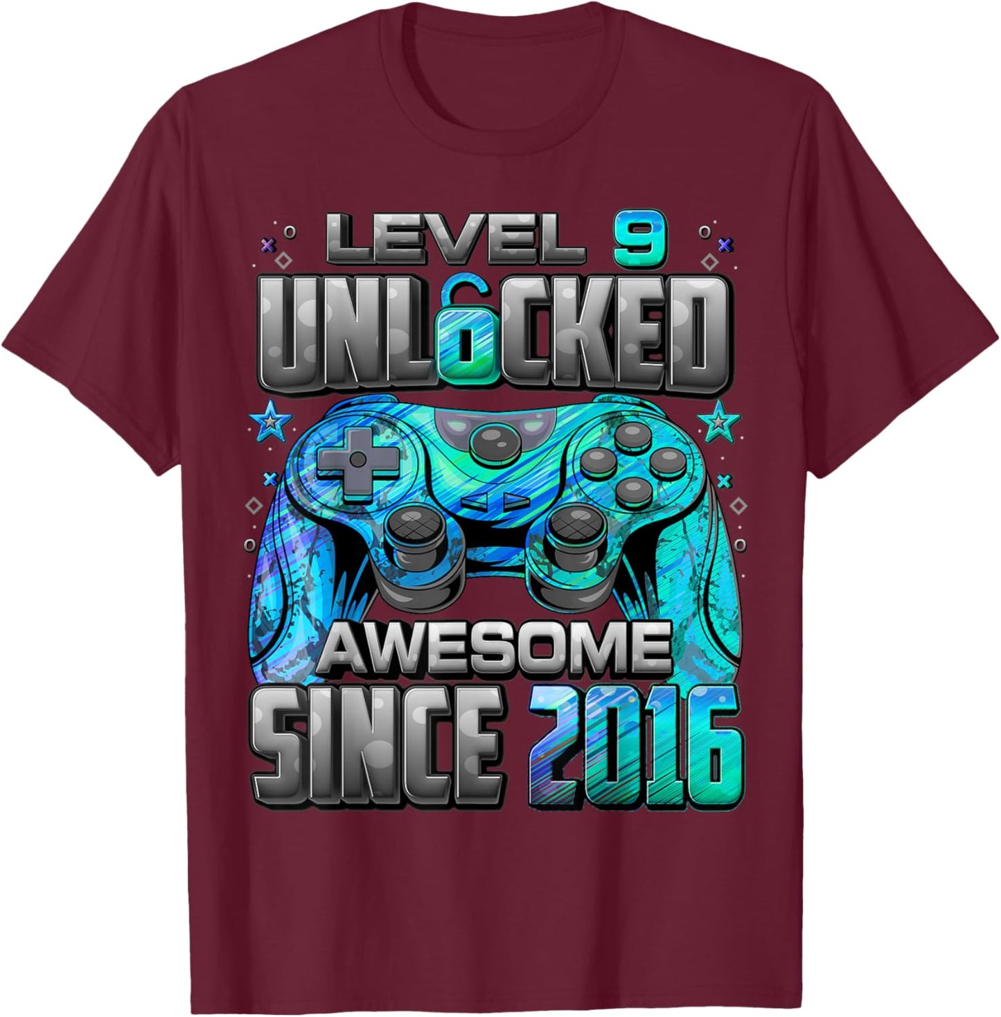 Level 9 Unlocked Awesome Since 2016 9th Birthday Gaming T-Shirt - T-Shirt | Maroon