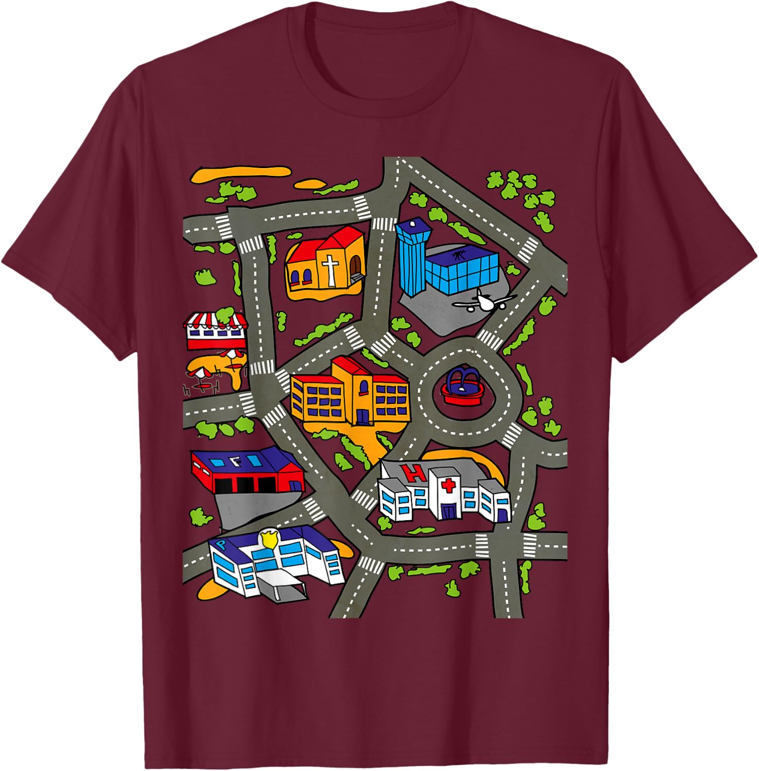 Car Play Mat Race Track Road Map Rug Design Illustration T-Shirt - T-Shirt | Maroon