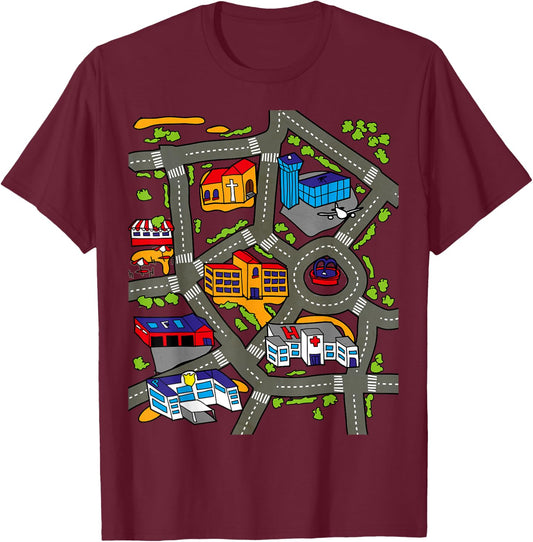 Car Play Mat Race Track Road Map Rug Design Illustration T-Shirt - T-Shirt | Maroon