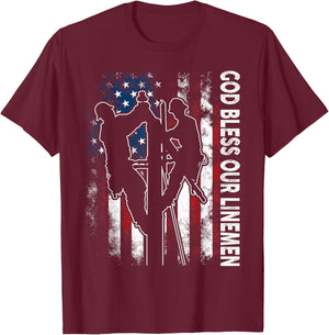 God Bless Our Linemen Cool American Lineman Flag T-Shirt - T-Shirt | Maroon