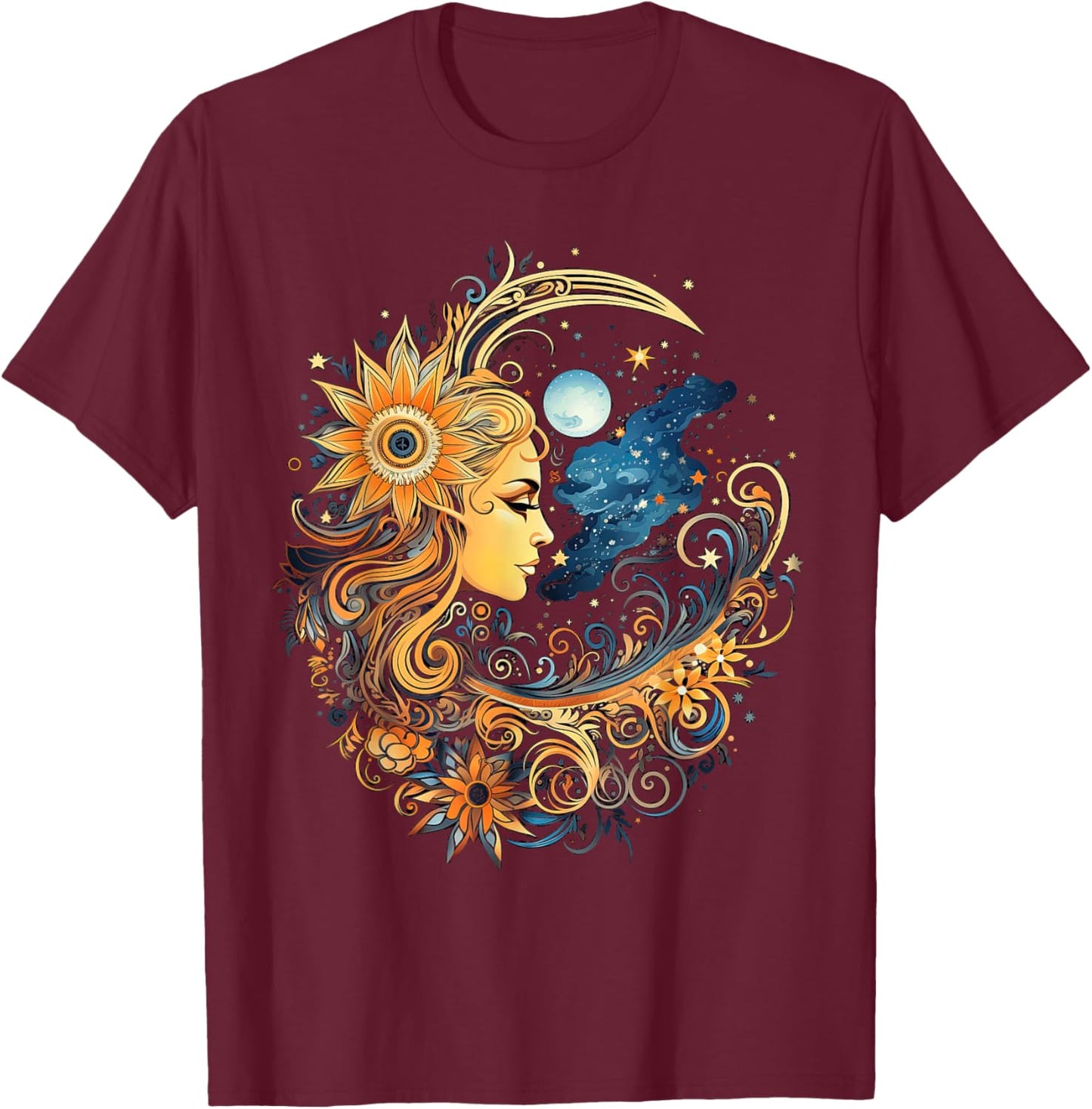 Mystic Sun and Moon Woman Mystical Flowers Aesthetic T-Shirt - T-Shirt | Maroon