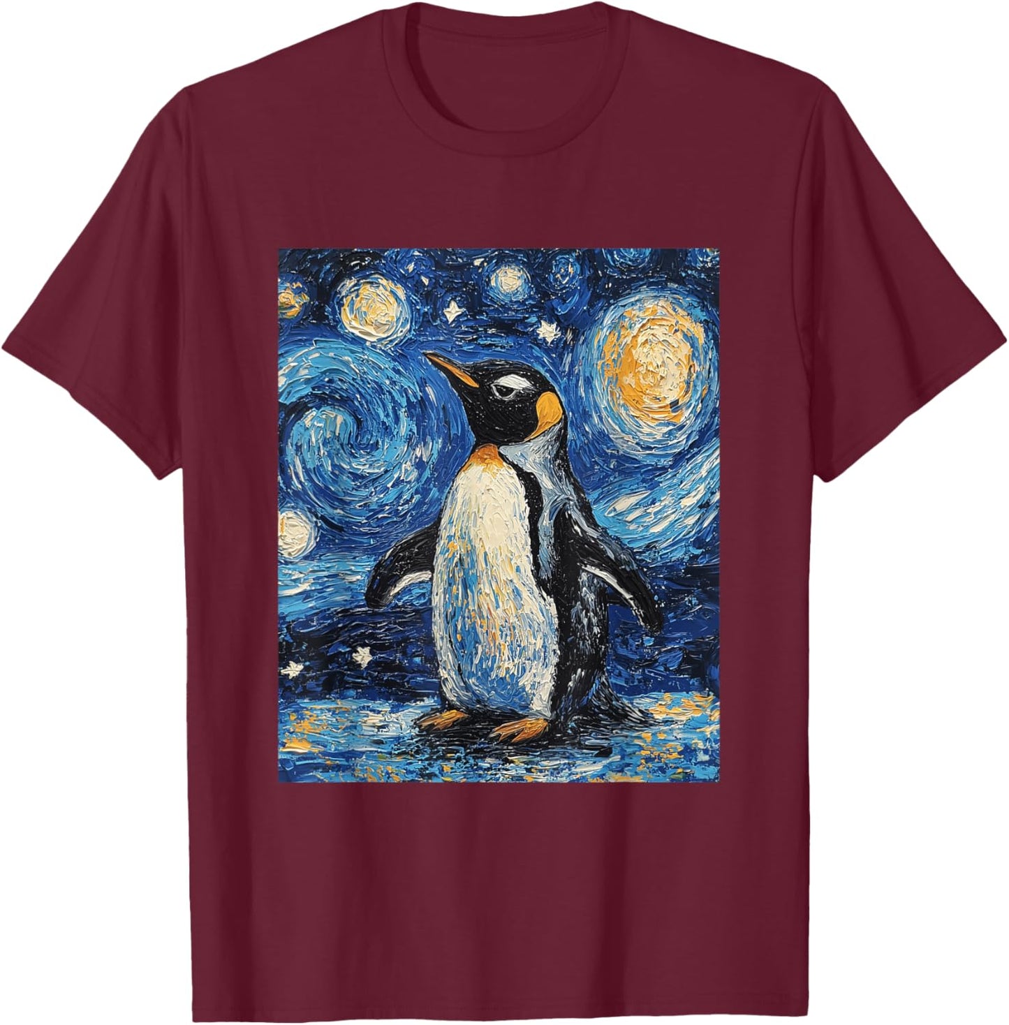 Penguin Bird - Van Gogh Style - Starry Night T-Shirt - T-Shirt | Maroon