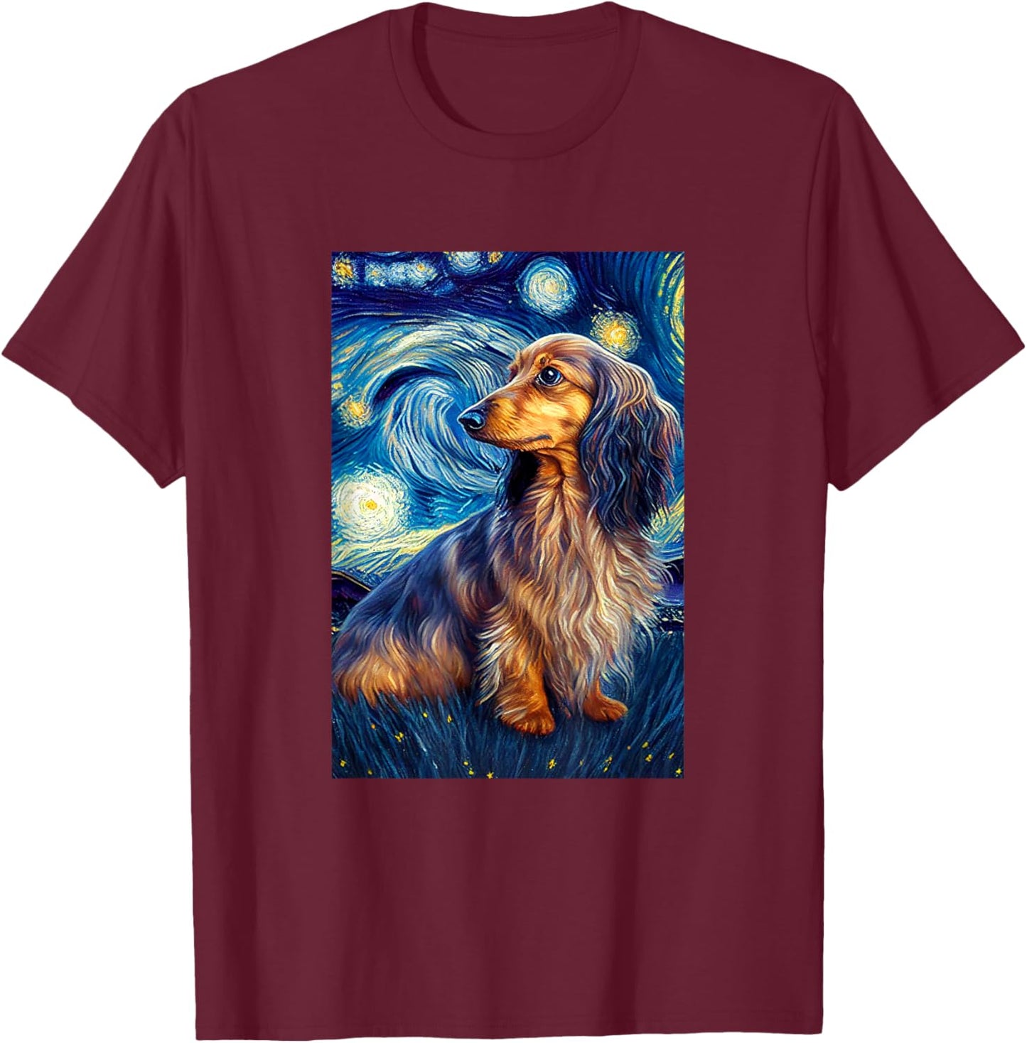long hair Dachshund in Starry Night Painting Dog Mom Dad T-Shirt - T-Shirt | Maroon
