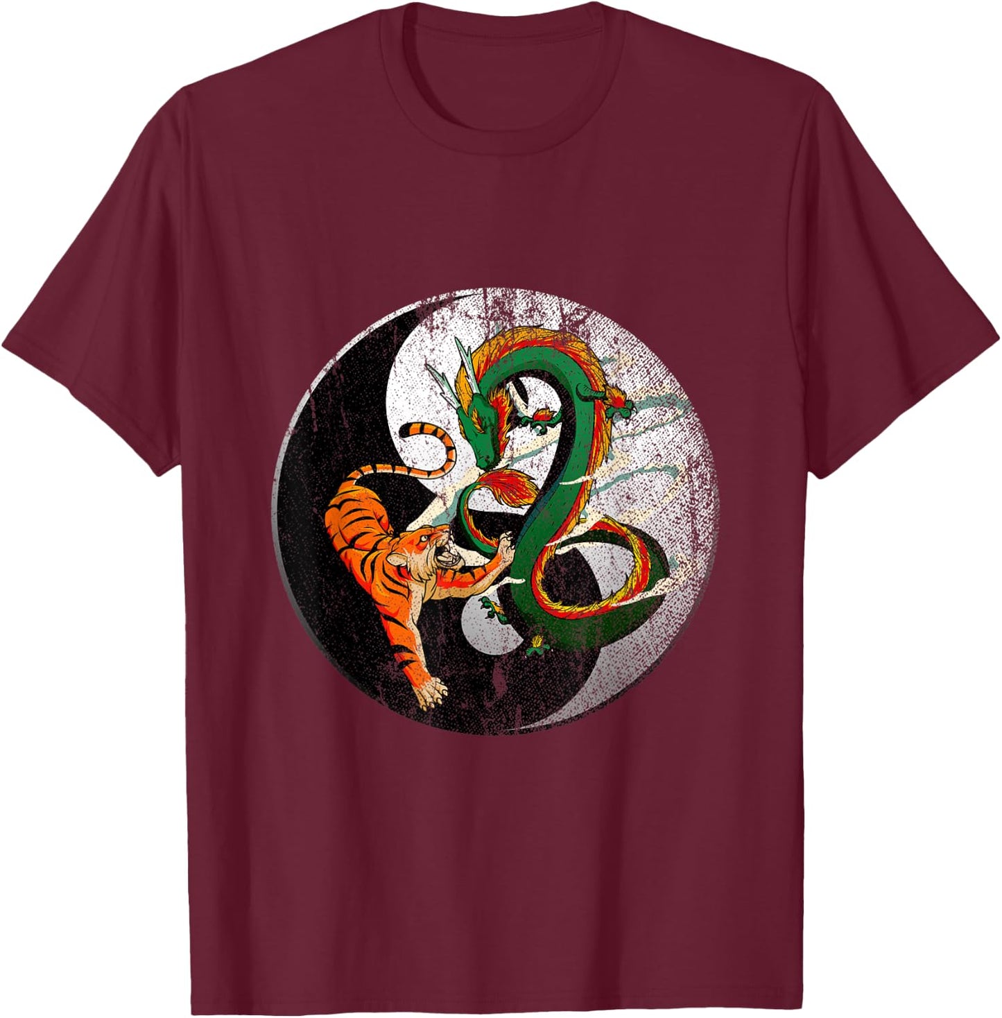 Dragon Yin Yang Tiger T-Shirt - T-Shirt | Maroon