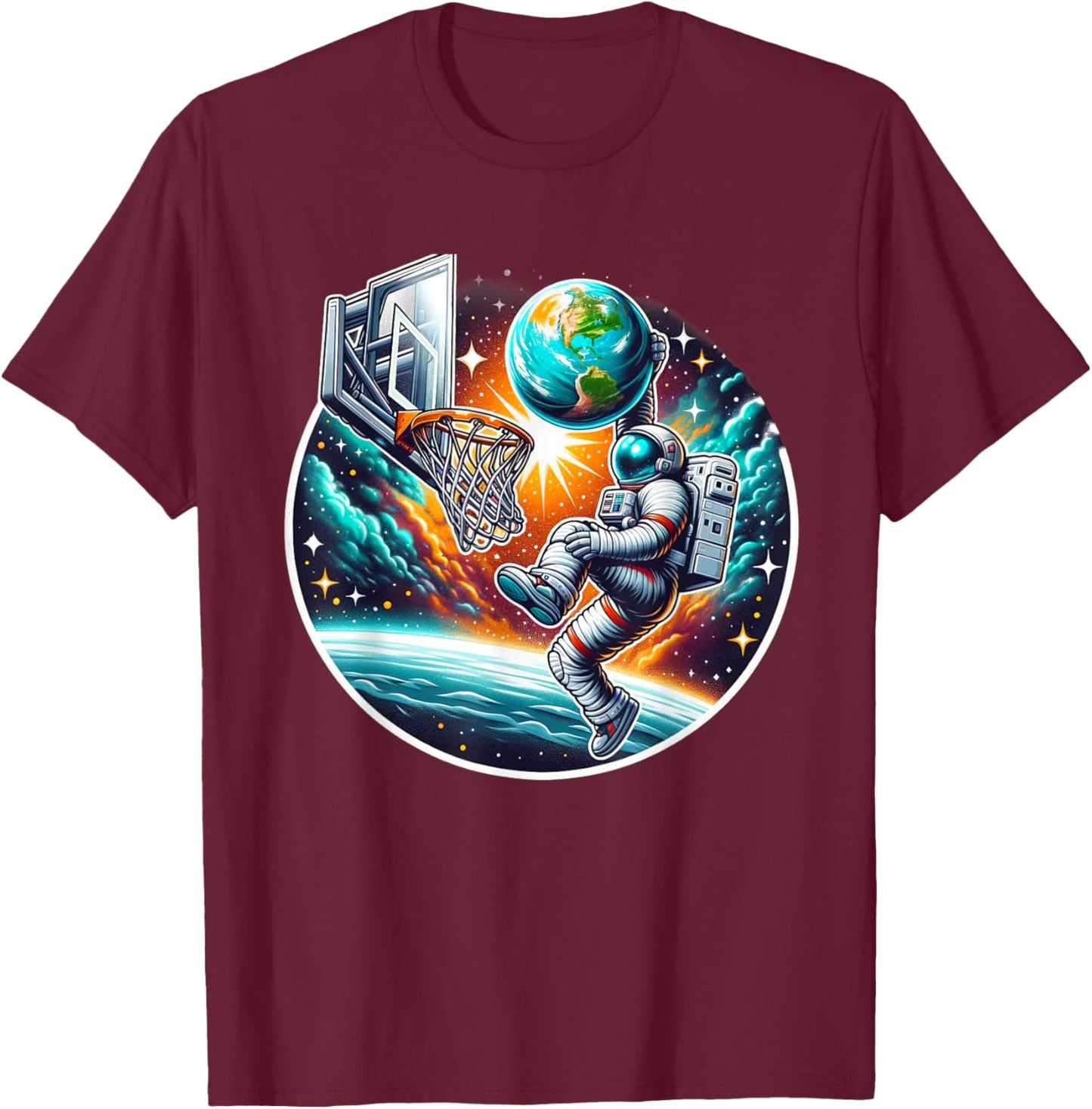 Astronaut Slam Dunking Planet Earth Basketball Lover T-Shirt - T-Shirt | Maroon