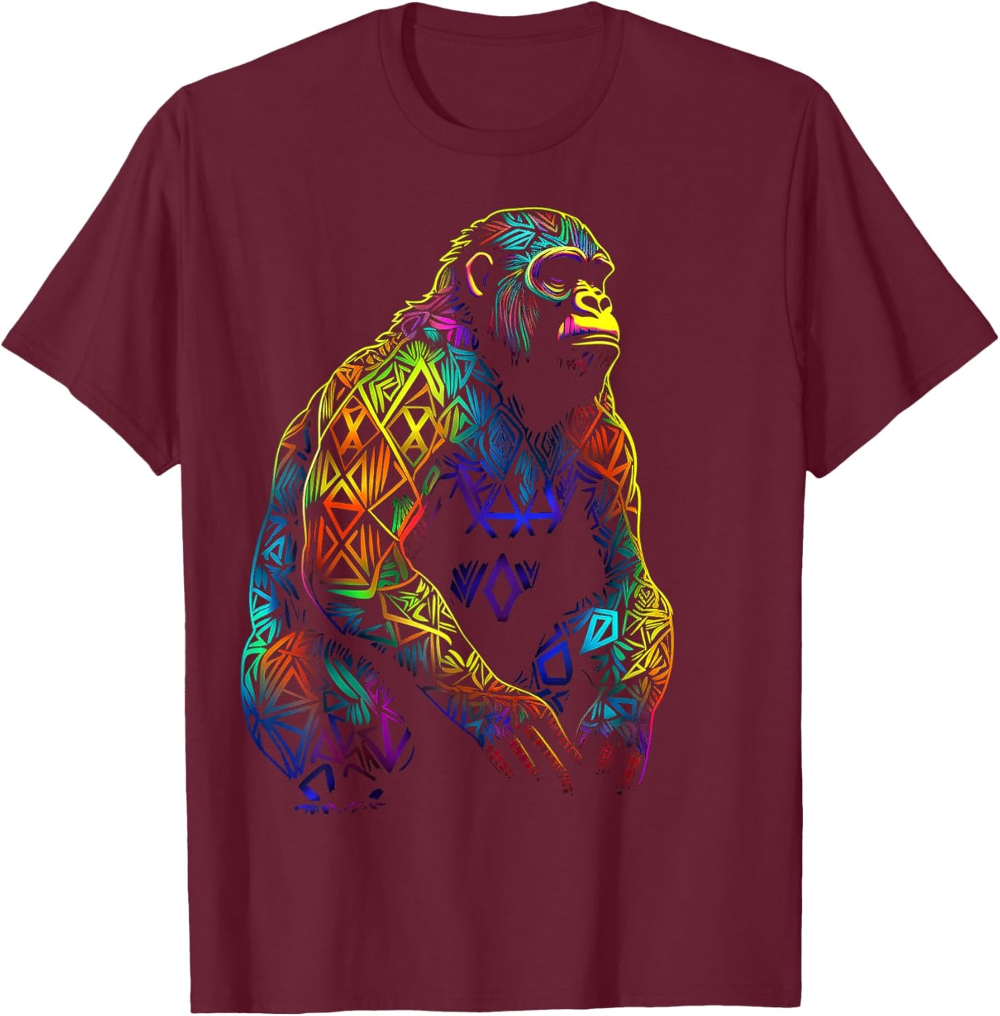 Gorilla Artwork Mandala Animal Colorful Art Graphic Monkey T-Shirt - T-Shirt | Maroon