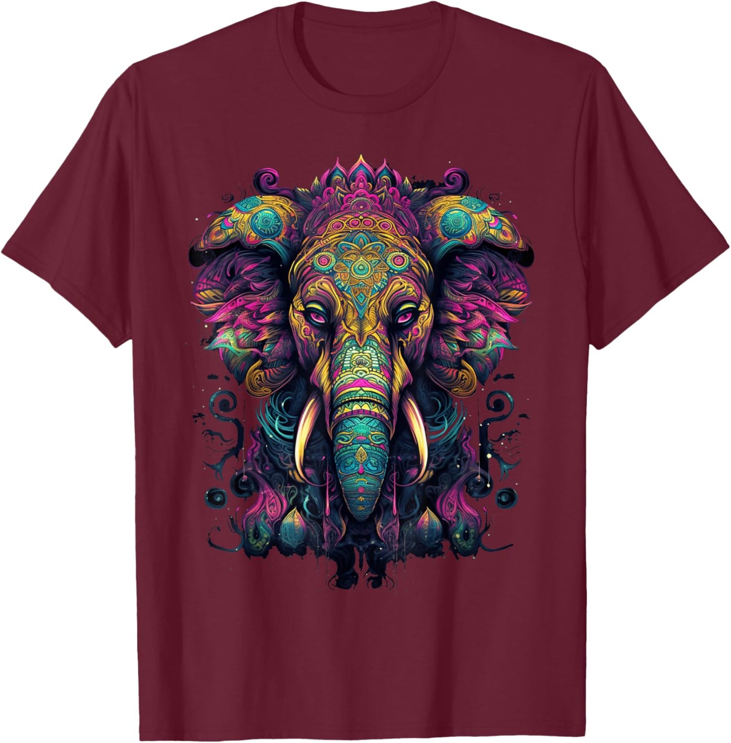 Colorful Elephant | Psychedelic Art Trippy Hippie Men Women T-Shirt - T-Shirt | Maroon