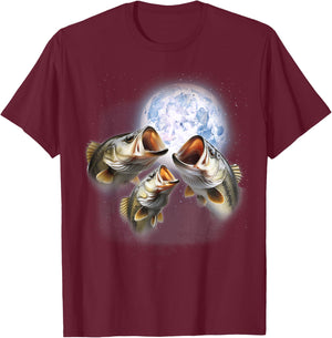 3 Bass Fish At The Moon Funny Bass Fishing Lover Fisherman T-Shirt - T-Shirt | Maroon