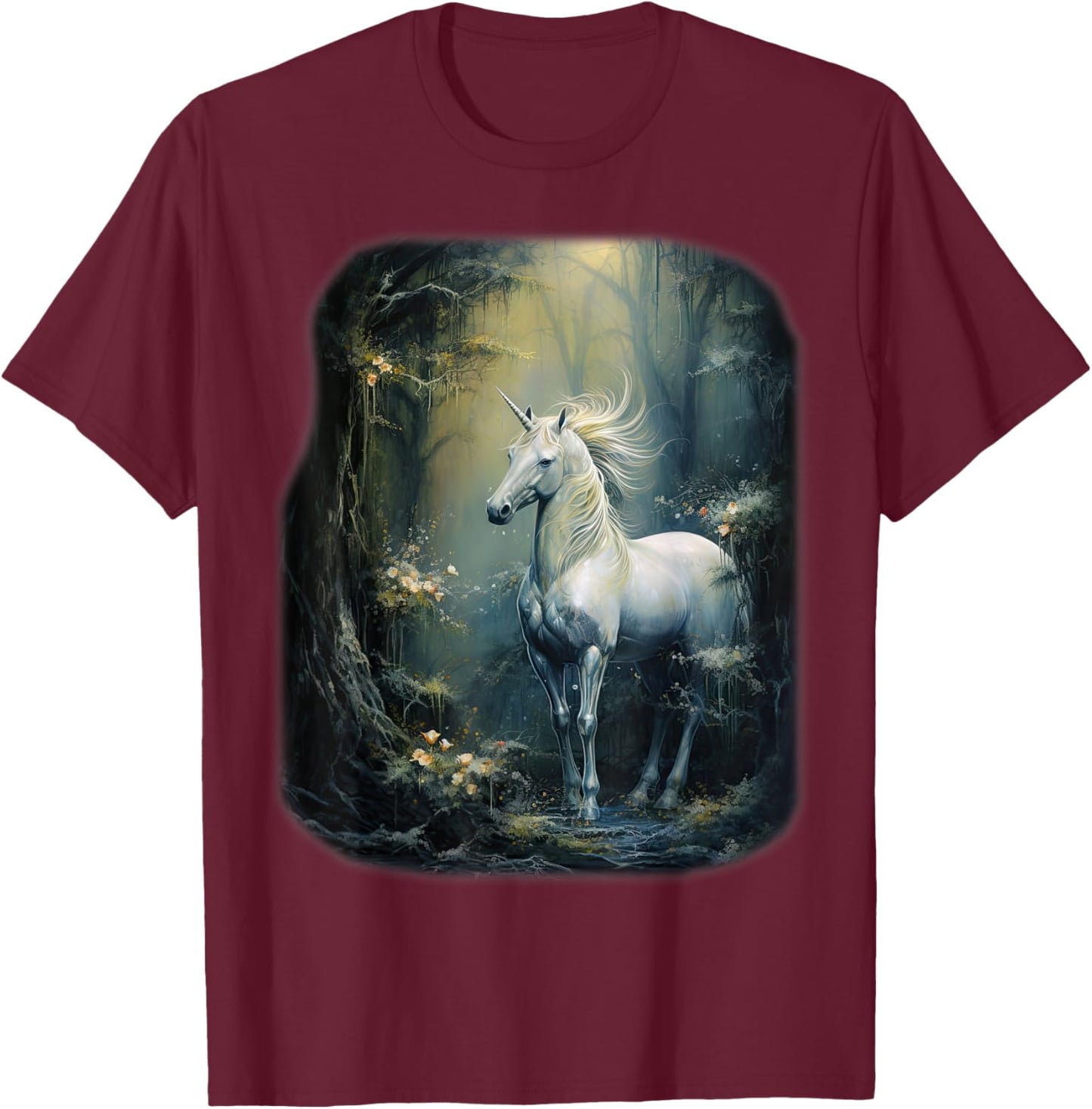 Fantasy white Unicorn standing in a Forest T-Shirt - T-Shirt | Maroon