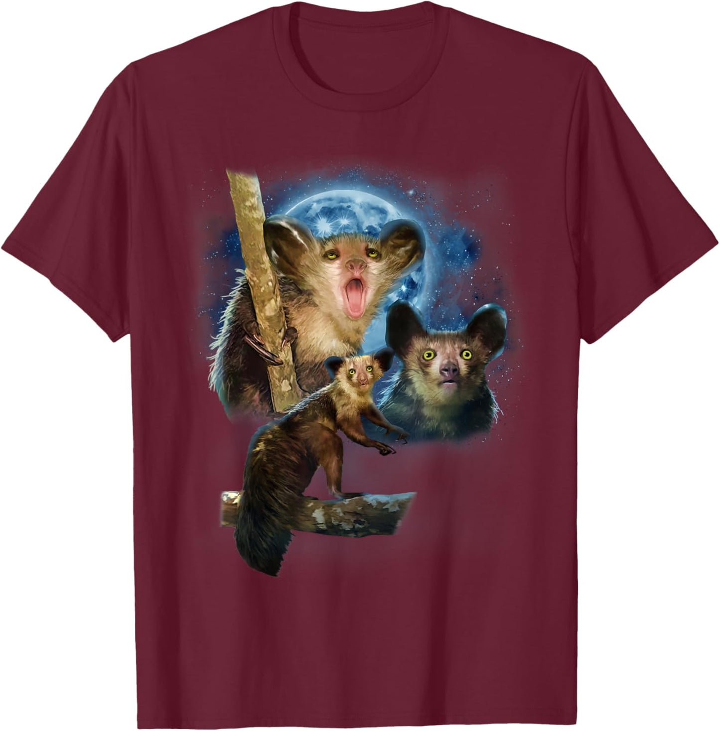 Howling at The Moon Shirt and Apparel Co. Aye-Aye Lemur - Black, -Adults, Kids - Short Sleeve, Modern, Cartoon, Animal-Themed Shirts T-Shirt - T-Shirt | Maroon