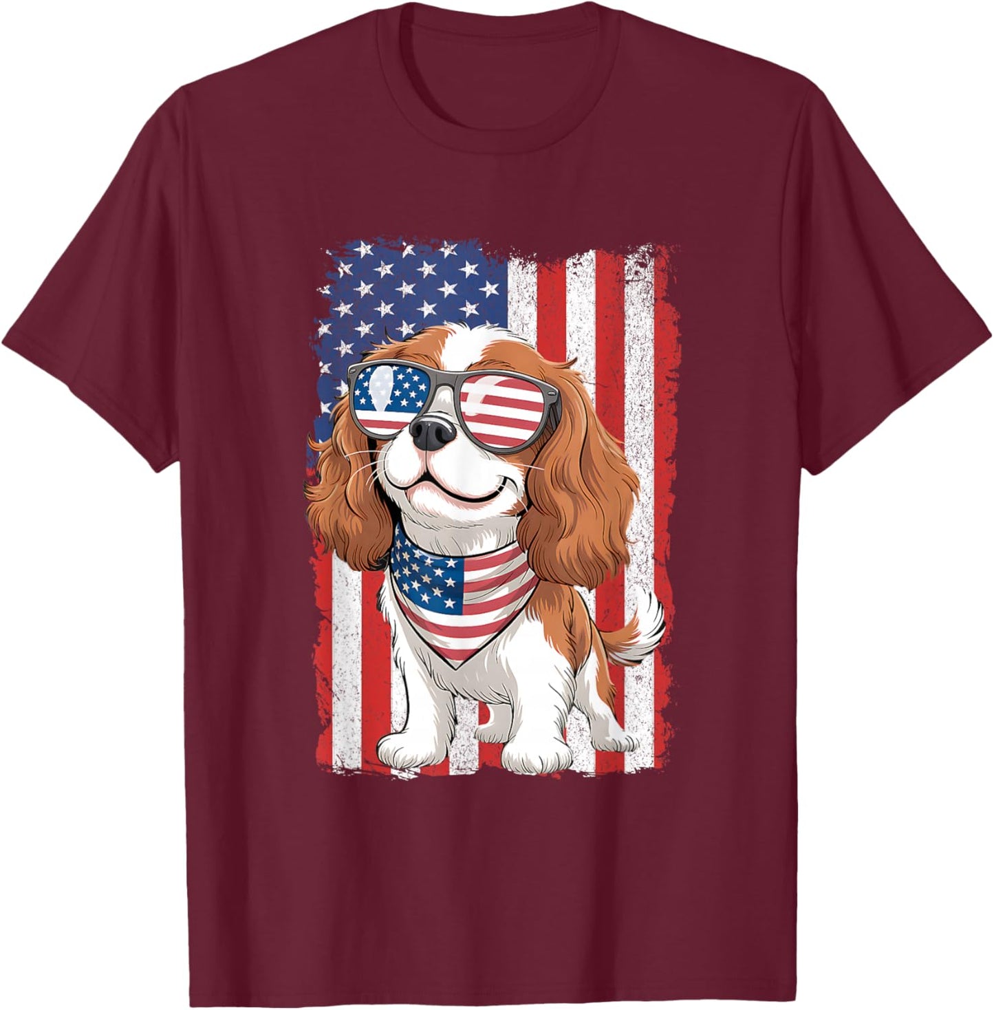 Cavalier King Charles Spaniel 4th of July Patriotic USA Flag T-Shirt - T-Shirt | Maroon
