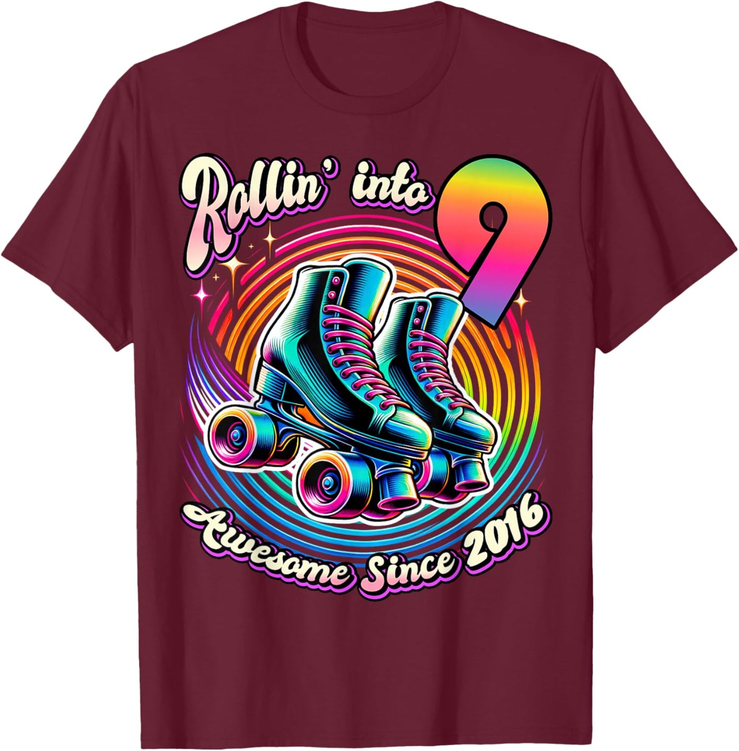 Birthday Roller Skating 9th Girls Rollin into 9 Skate Party T-Shirt - T-Shirt | Maroon