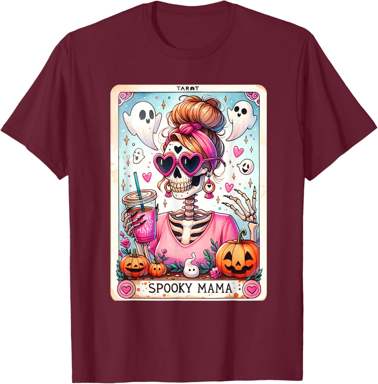 Spooky Mama Tarot Card Skeleton Mom Jack O Lantern Halloween T-Shirt - T-Shirt | Maroon