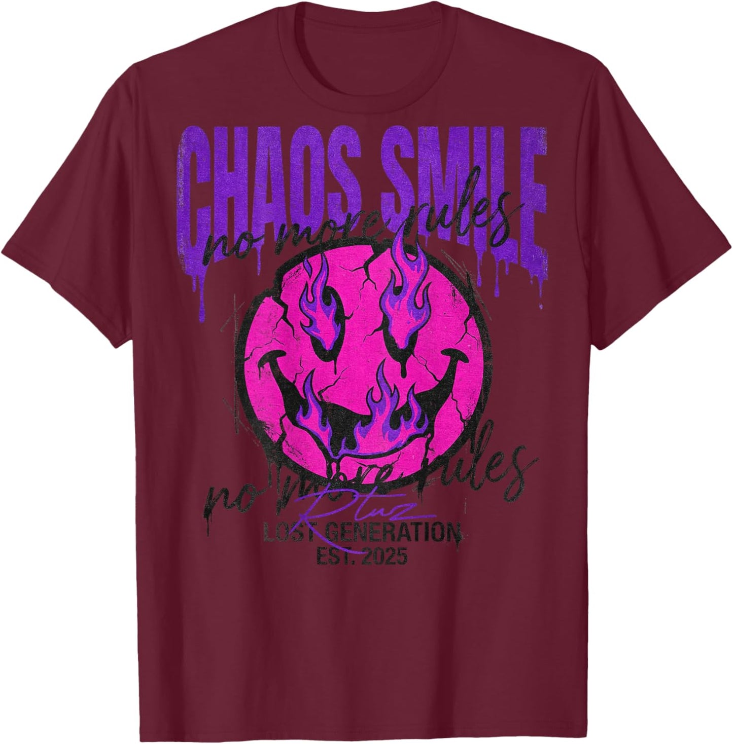 Backprint Streetwear Mode Fashion Damen Herren Retro Smile T-Shirt - T-Shirt | Maroon