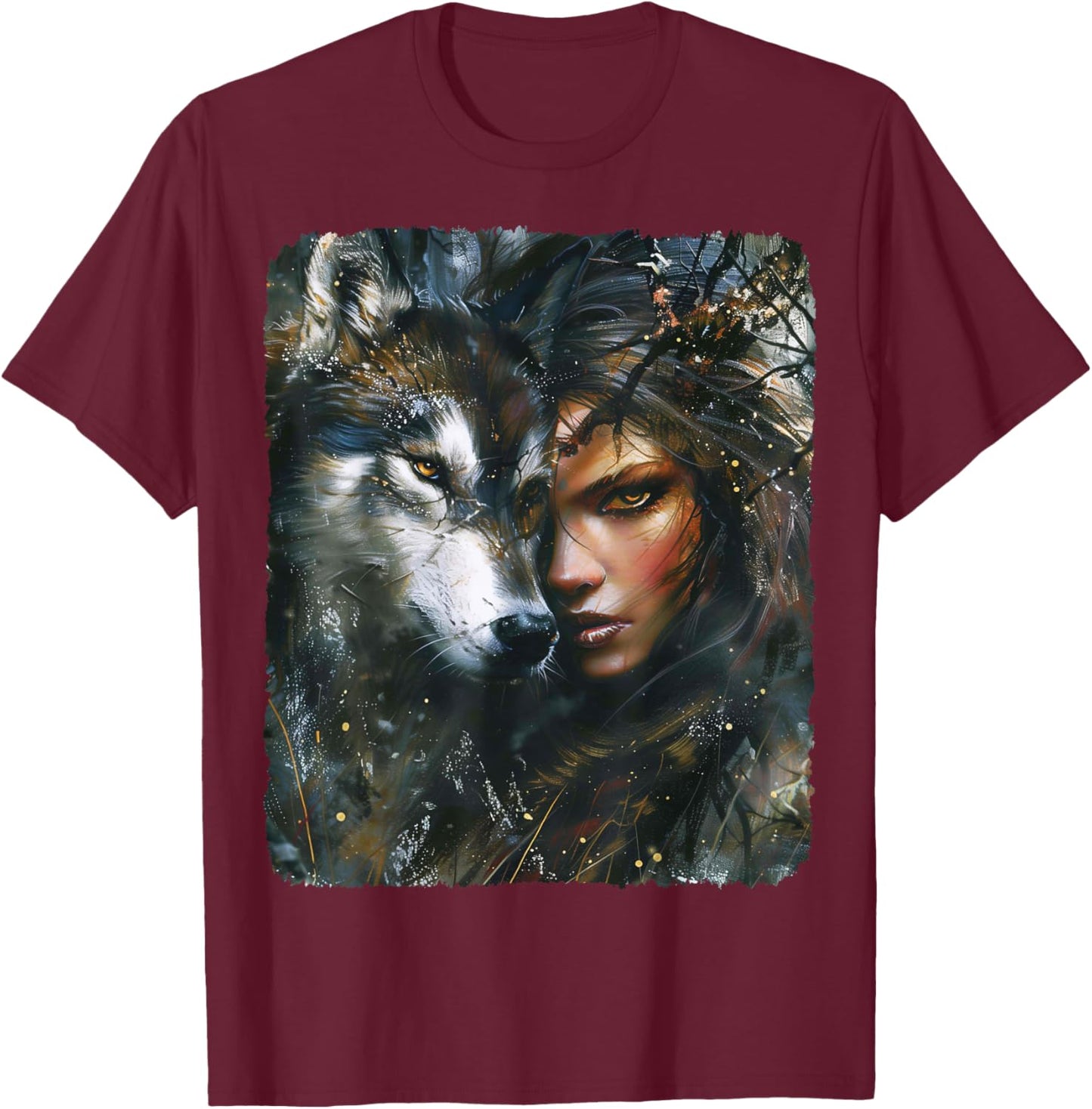 Beautiful Painting of a Woman with her Wolf T-Shirt - T-Shirt | Maroon