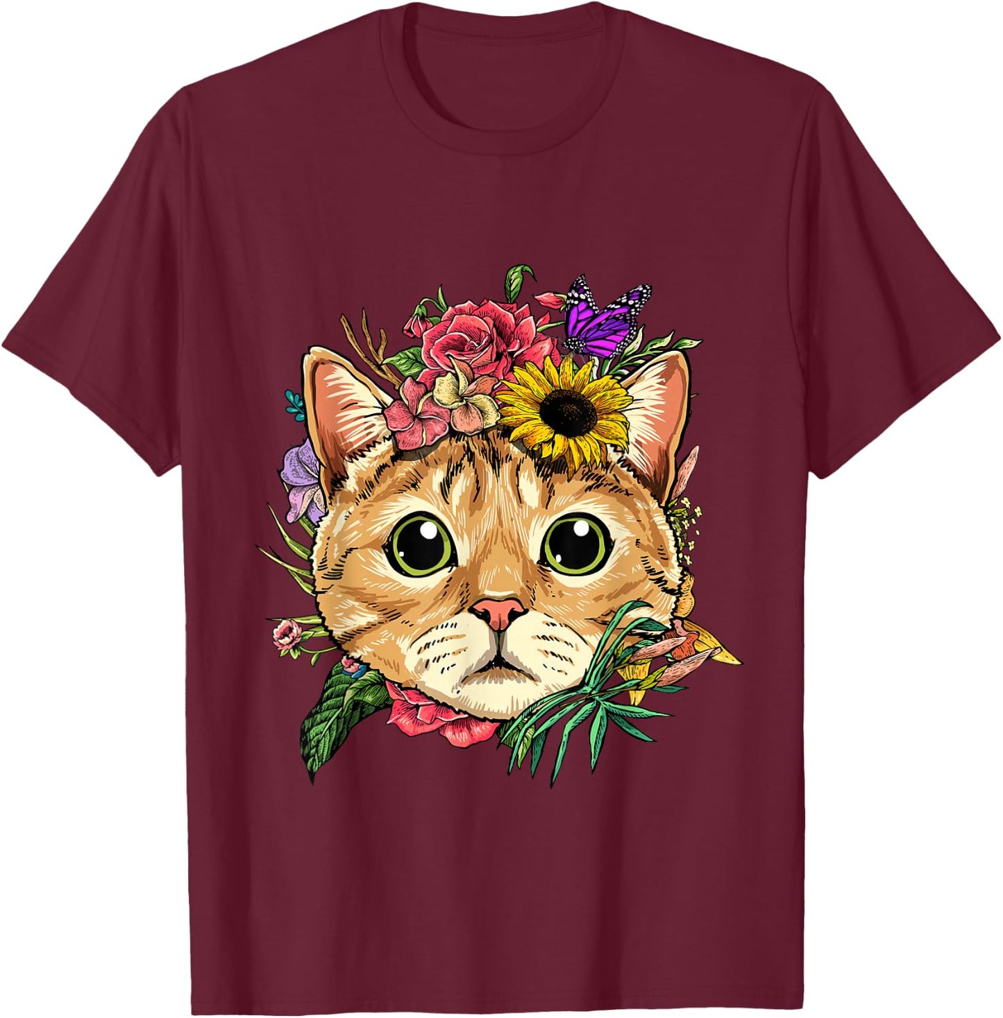 Floral Cat Spring Nature Cat Lovers T-Shirt - T-Shirt | Maroon