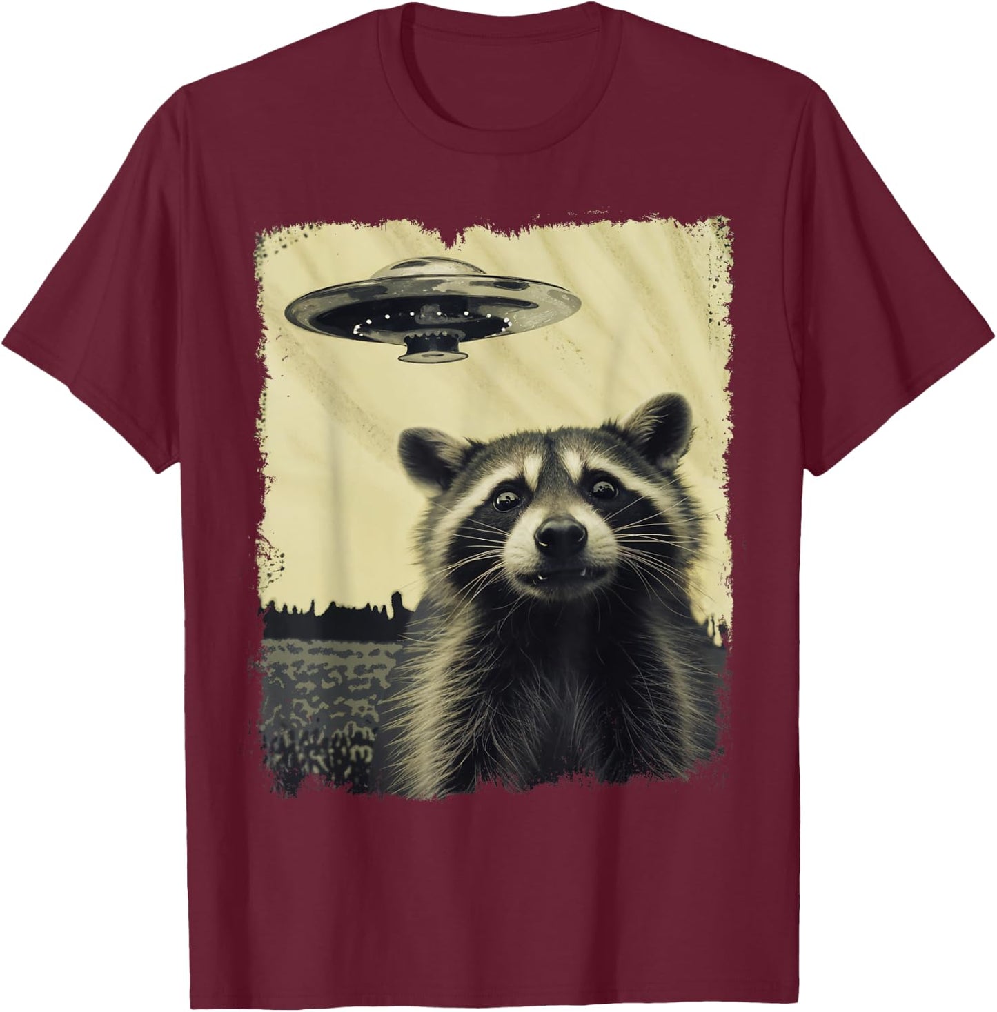 Racoon with UFO Retro Vintage Uncanny Alien UFO T-Shirt - T-Shirt | Maroon