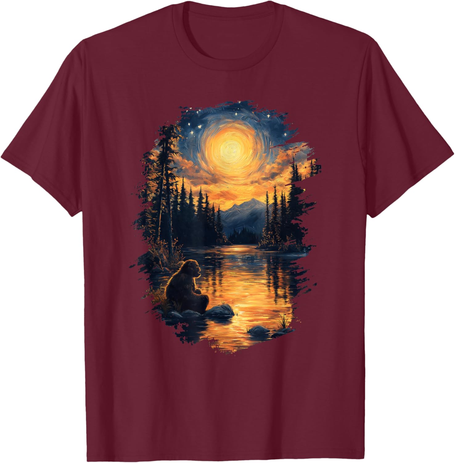 Bigfoot Starry Night Forest Sasquatch Van Gogh Art T-Shirt - T-Shirt | Maroon