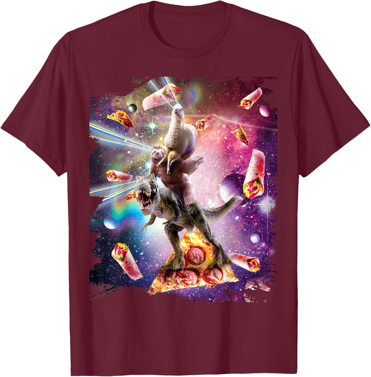 Laser Eyes Space Llama On Sloth Dinosaur - Rainbow T-Shirt - T-Shirt | Maroon