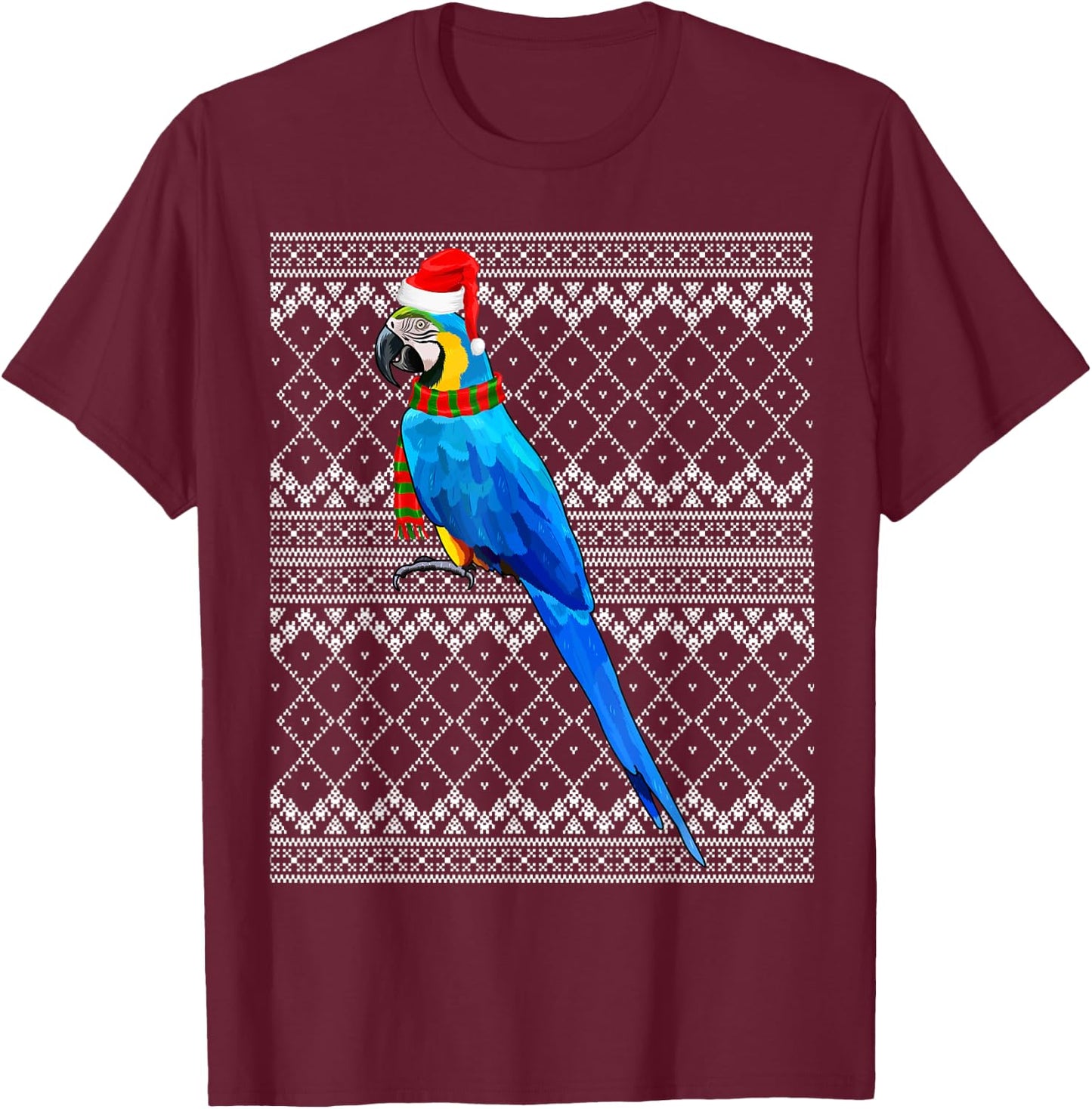 Xmas Bird Santa Hat Blue-and-Yellow Macaw Ugly Christmas T-Shirt - T-Shirt | Maroon