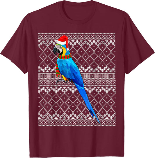 Xmas Bird Santa Hat Blue-and-Yellow Macaw Ugly Christmas T-Shirt - T-Shirt | Maroon