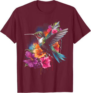 Hummingbird Floral Bird Artwork T-Shirt - T-Shirt | Maroon
