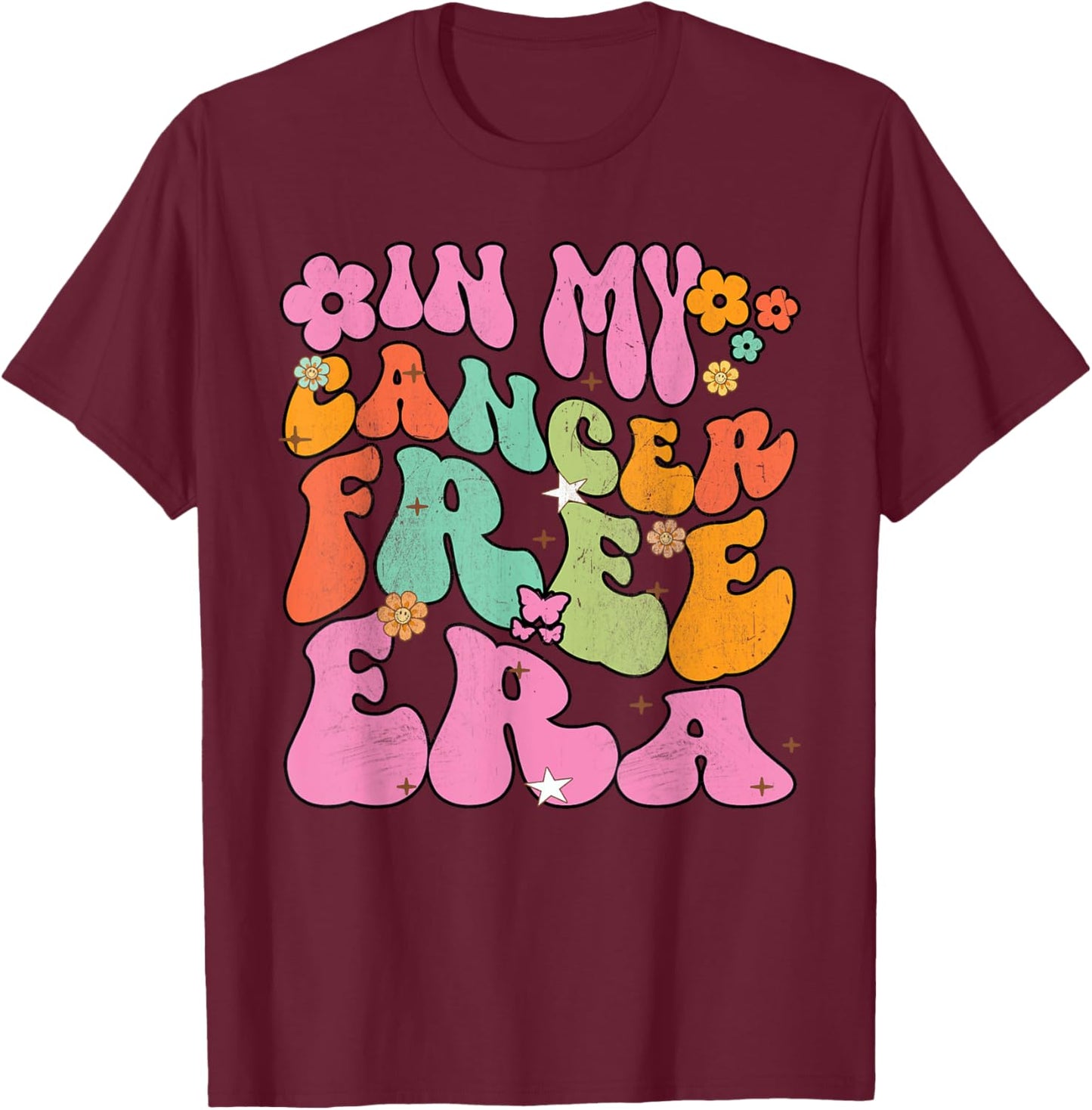 Groovy Flowers In My Cancer Free Era Breast Cancer Warrior T-Shirt - T-Shirt | Maroon