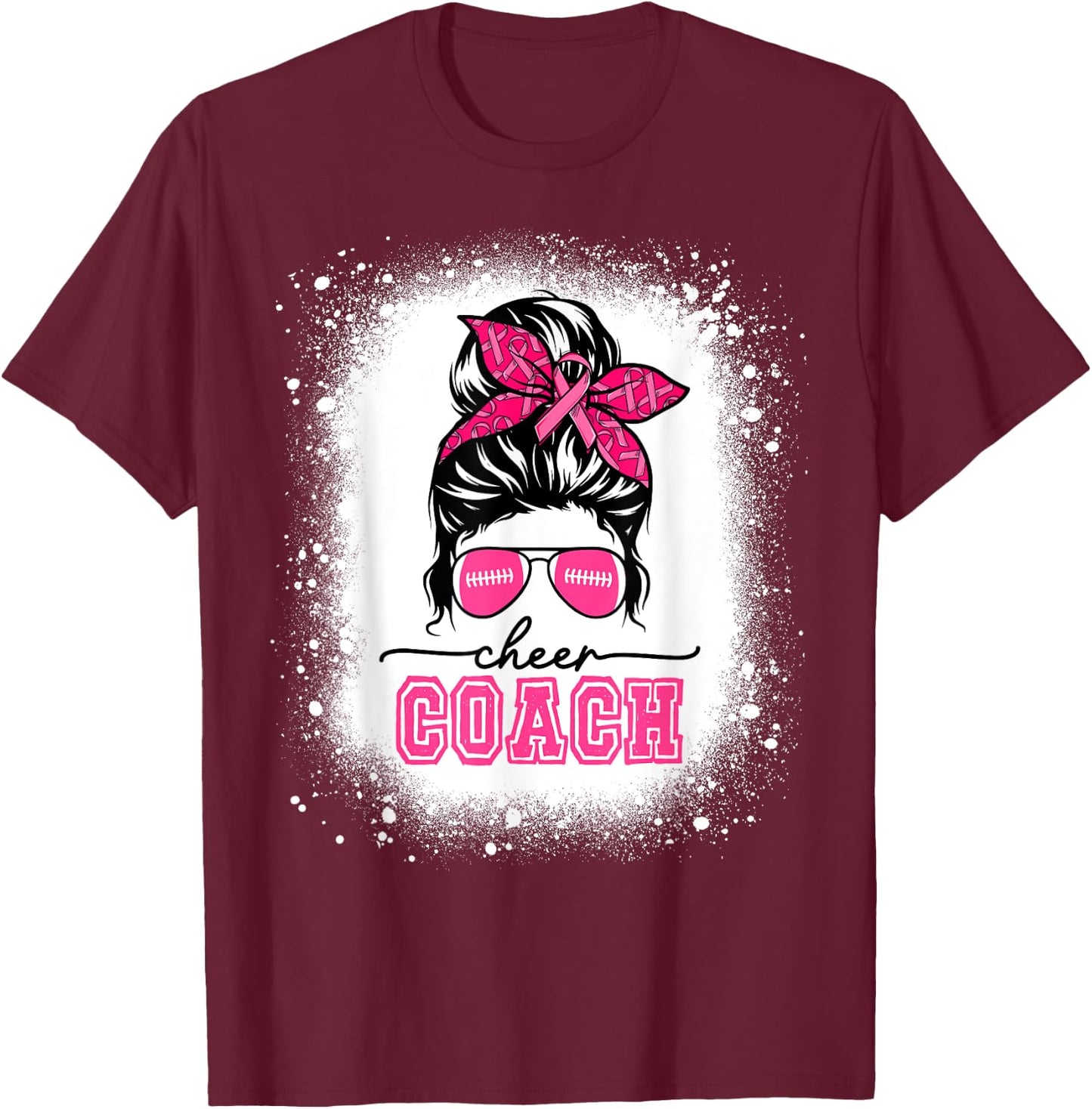 Football Messy Bun Mom Cheer Coach Breast Cancer Bleached T-Shirt - T-Shirt | Maroon