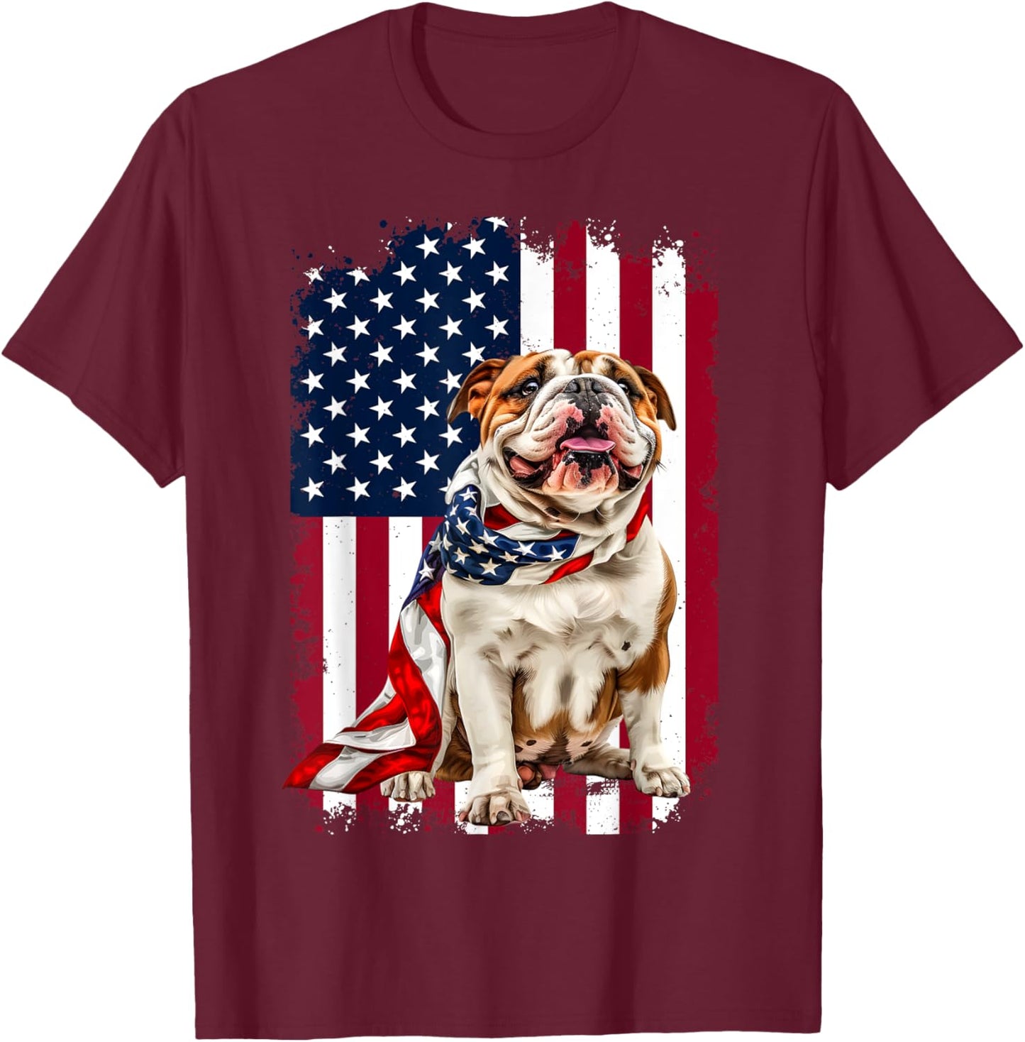 English Bulldog American Flag 4th Of July Bulldog Lovers T-Shirt - T-Shirt | Maroon
