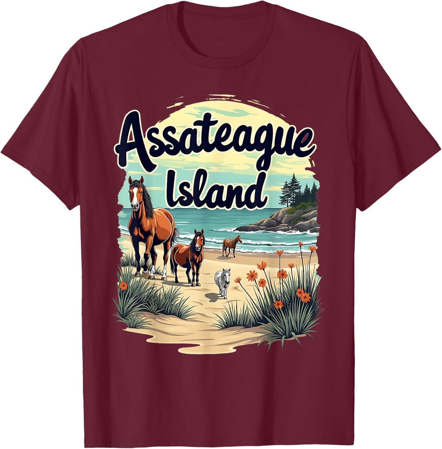 Scenic Wild Horses on Assateague Island Maryland T-Shirt - T-Shirt | Maroon