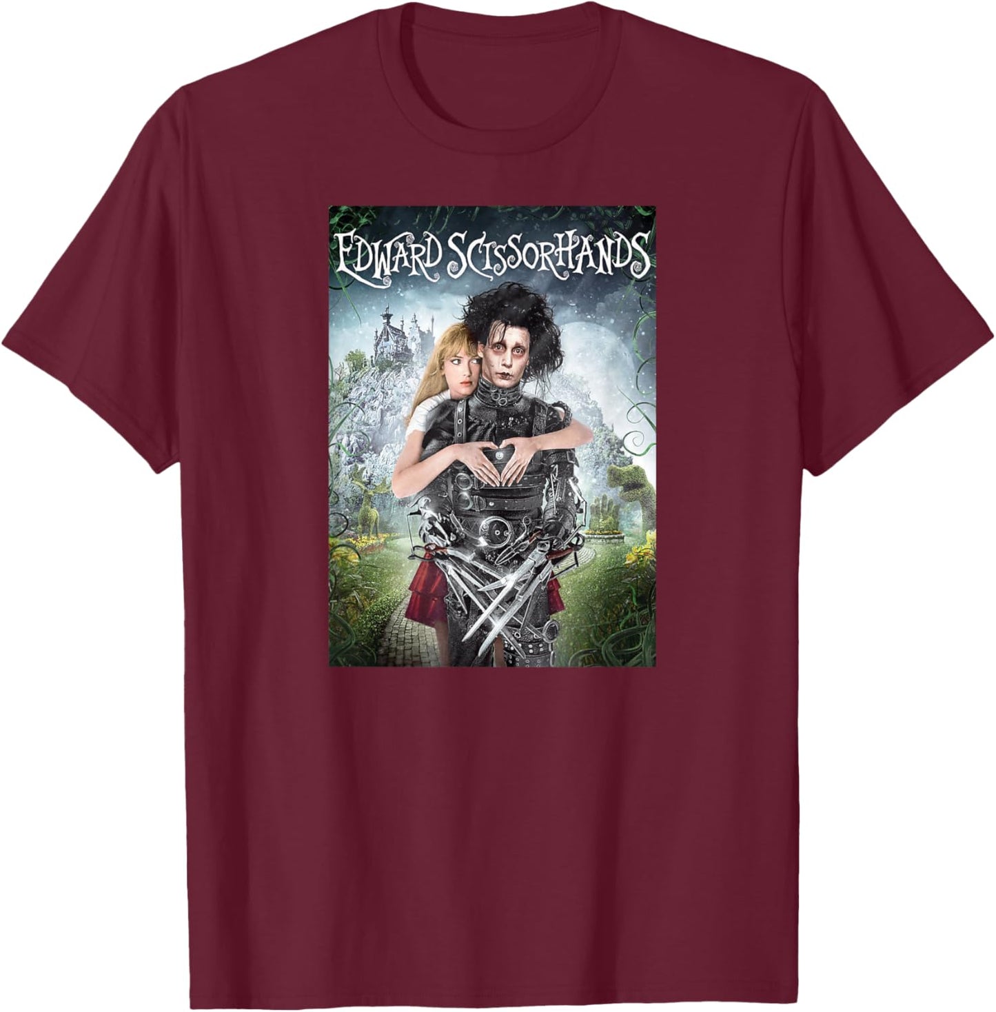 Tim Burton's Edward Scissorhands Edward and Kim Movie Poster T-Shirt - T-Shirt | Maroon