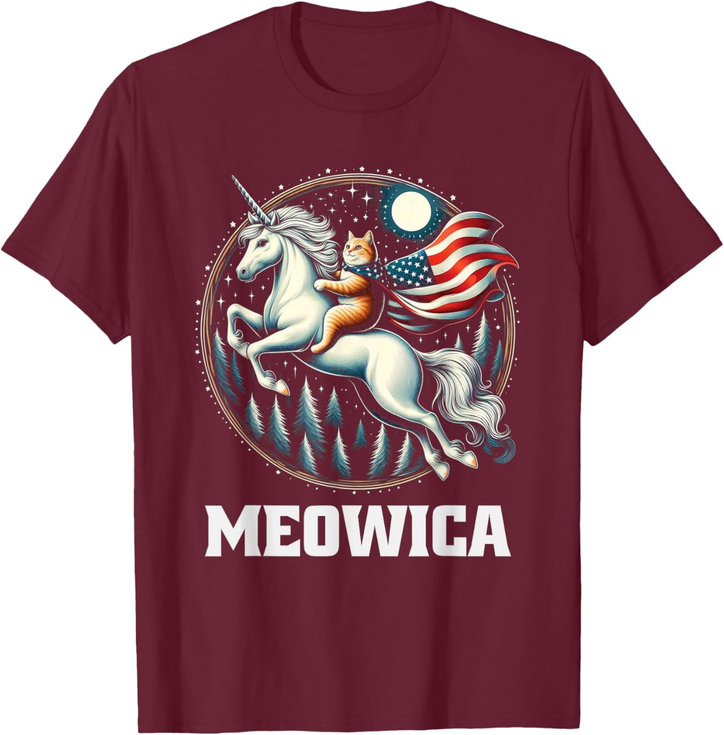 Meowica Cat Riding Unicorn USA Flag 4th Of July Patriotic T-Shirt - T-Shirt | Maroon