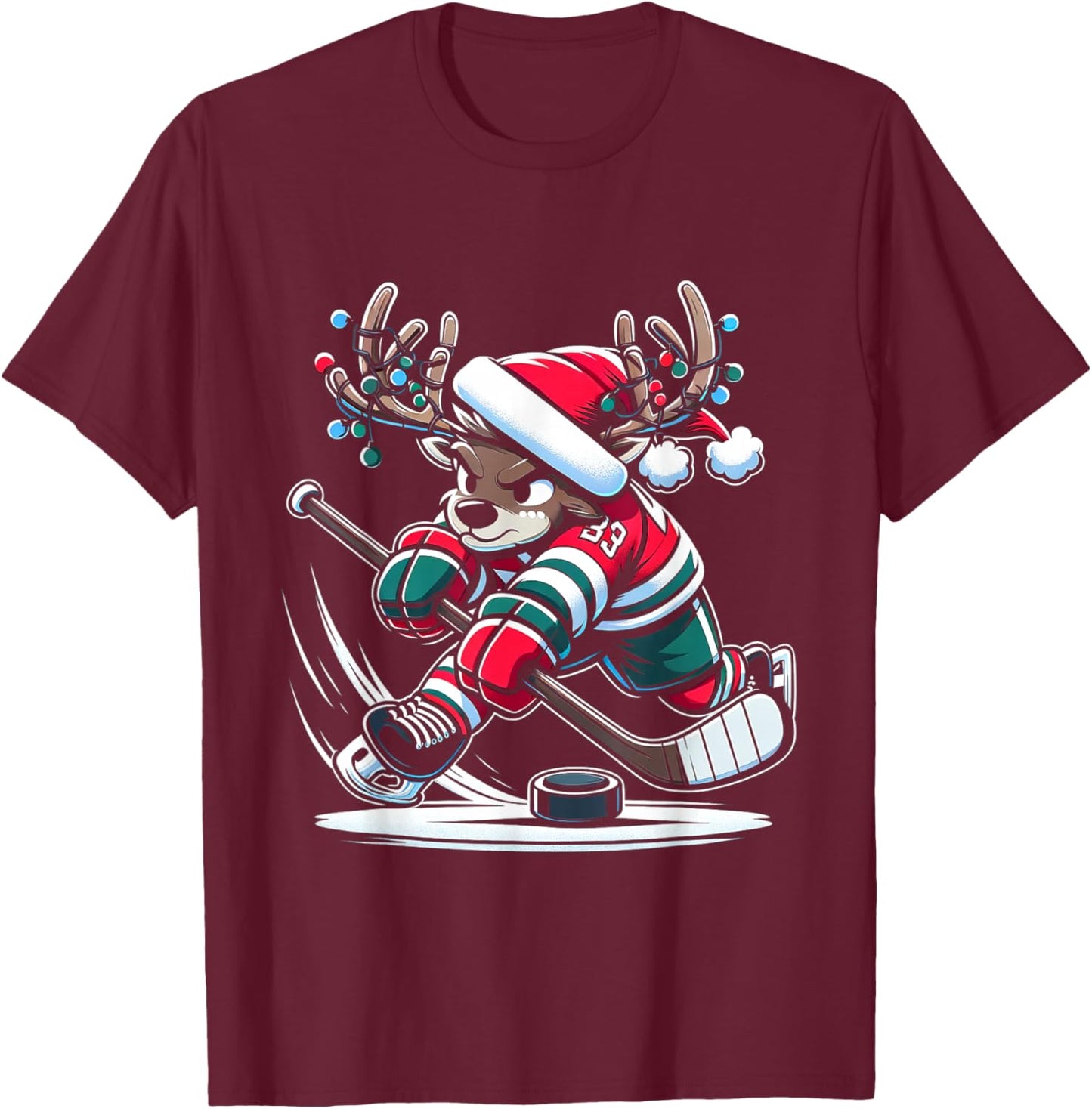 Reindeer Hockey Player Slapshot Stag in Festive Hockey Gear T-Shirt - T-Shirt | Maroon
