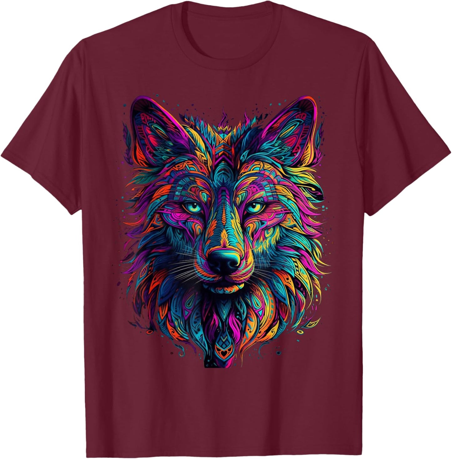 Colorful Wolf | Psychedelic Art Trippy Hippie Men Women T-Shirt - T-Shirt | Maroon