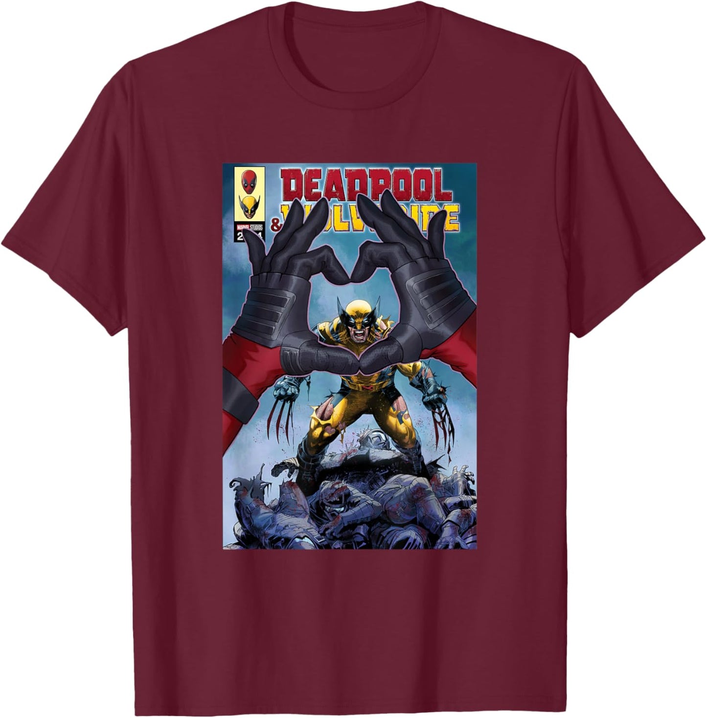 Marvel Studios Deadpool & Wolverine Comic Cover Hand Heart T-Shirt - T-Shirt | Maroon