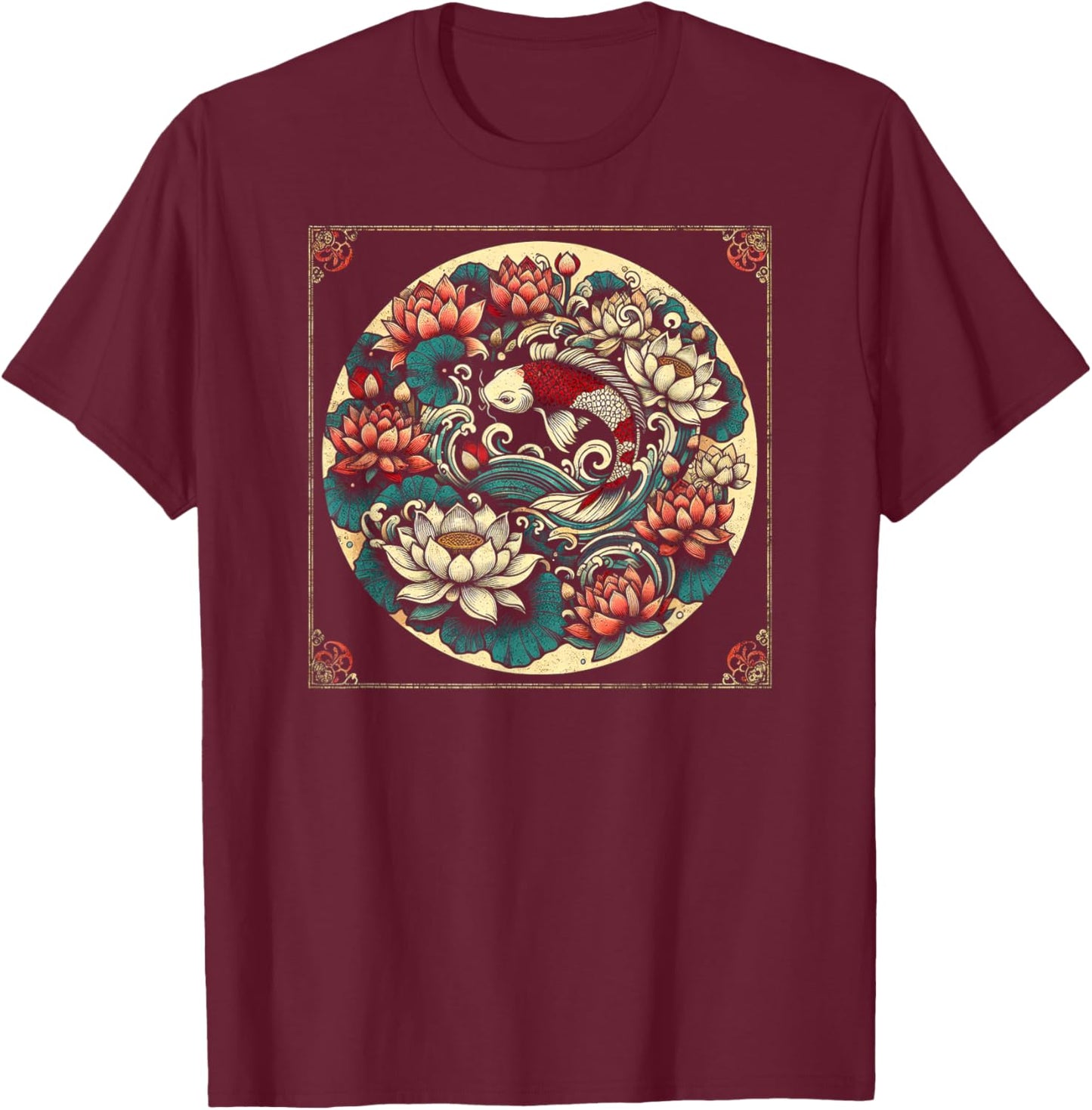 Japanese Koi Fish Lotus Design T-Shirt - T-Shirt | Maroon