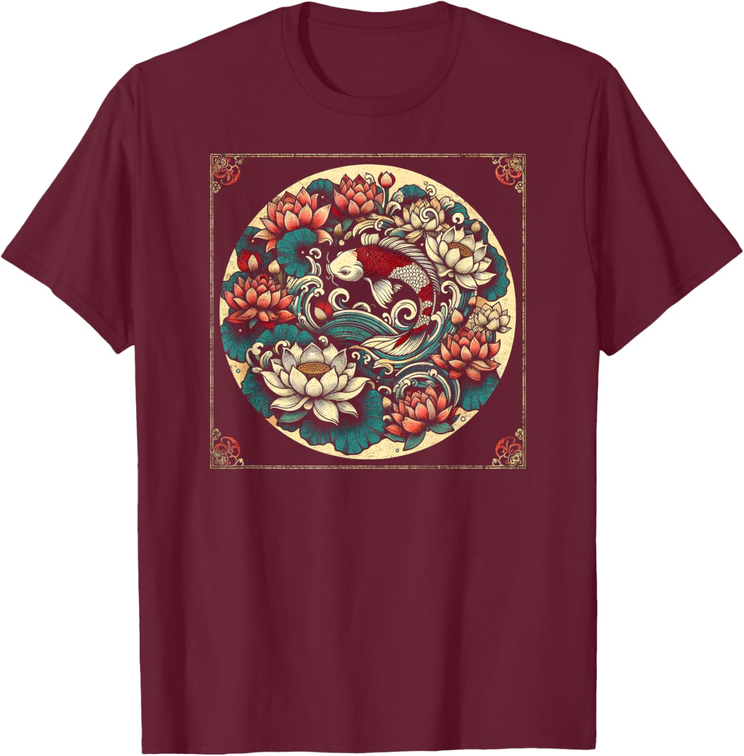 Japanese Koi Fish Lotus Design T-Shirt - T-Shirt | Maroon