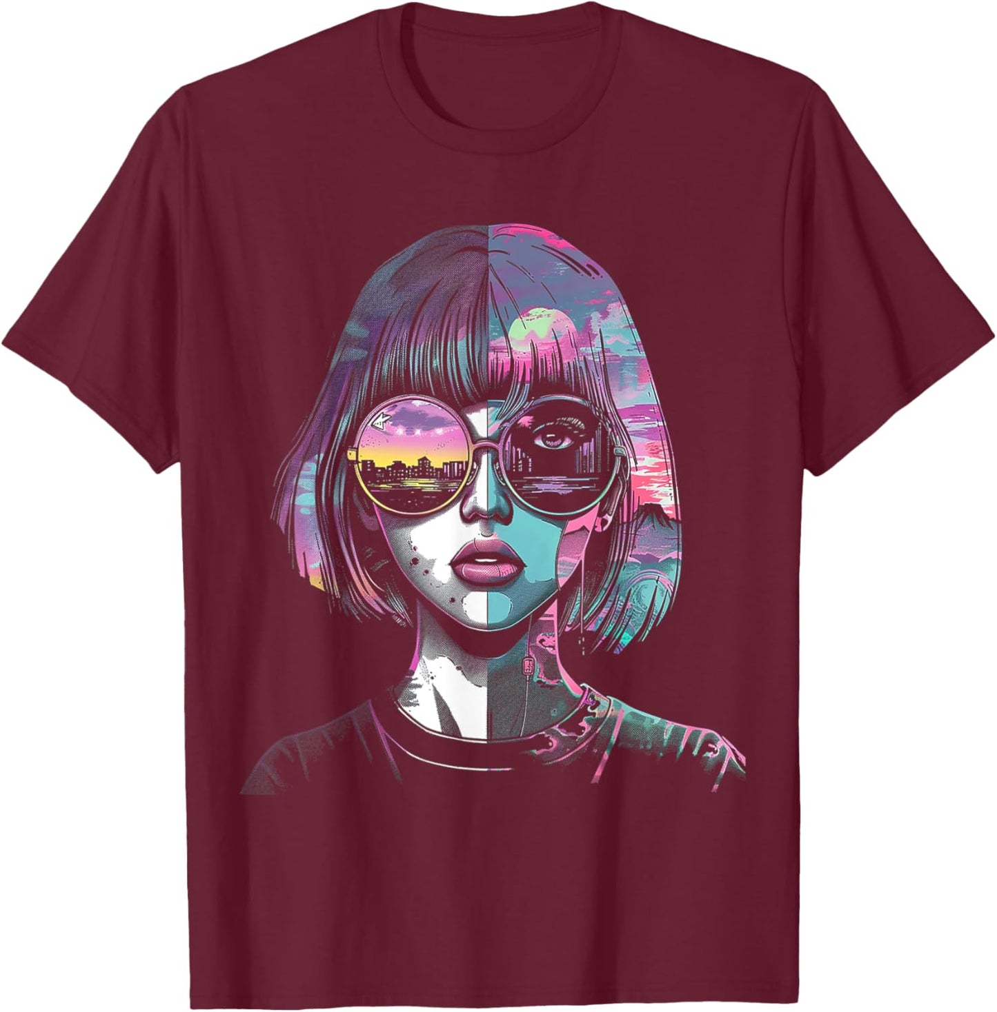 Anime Manga Motif Sunglasses Artwork Anime T-Shirt - T-Shirt | Maroon