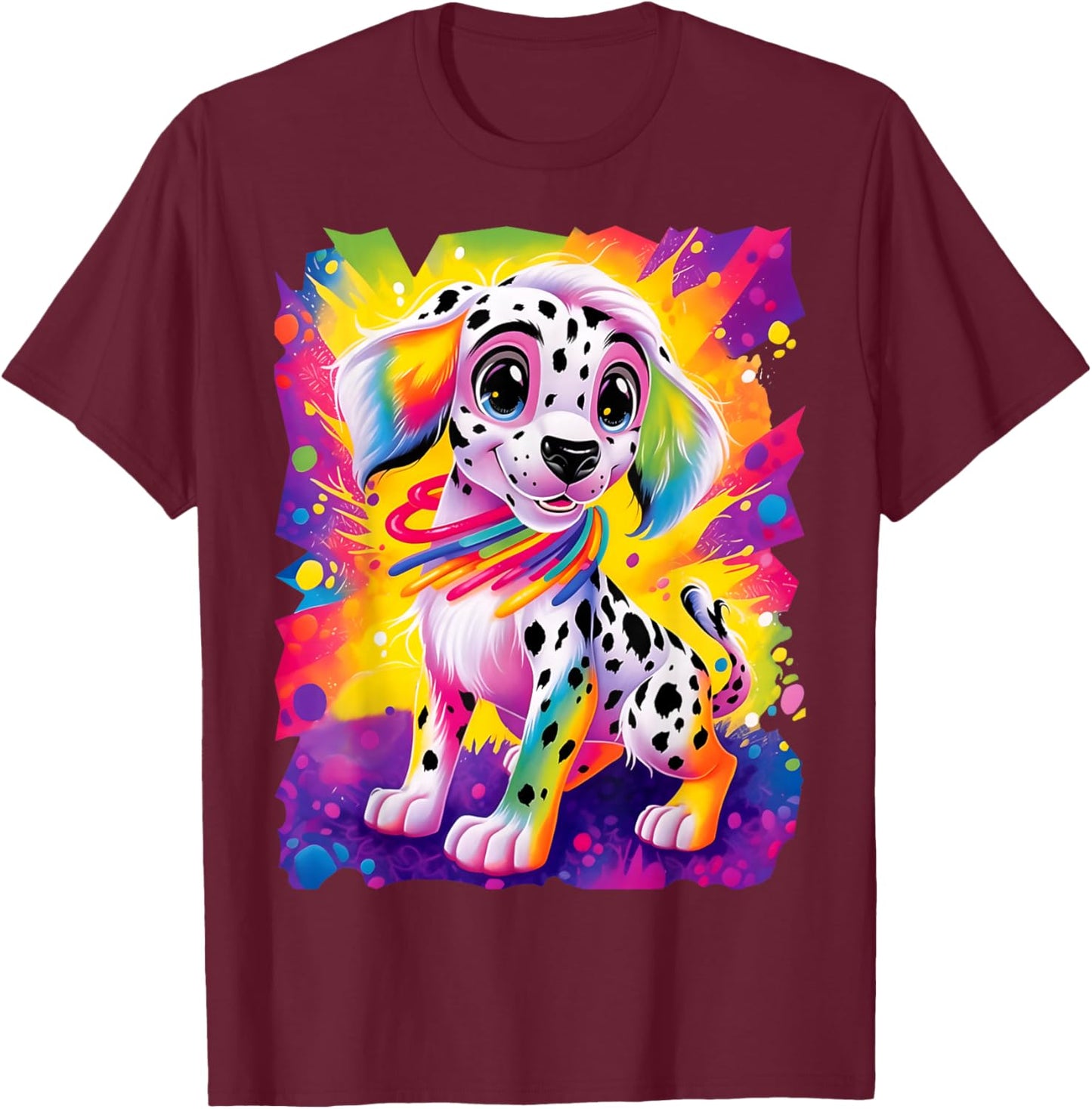 Dinosaurus Rekx Dalmatian Puppy Dog Colorful Rainbow Vibrant Graphic , Small, Black T-Shirt - T-Shirt | Maroon